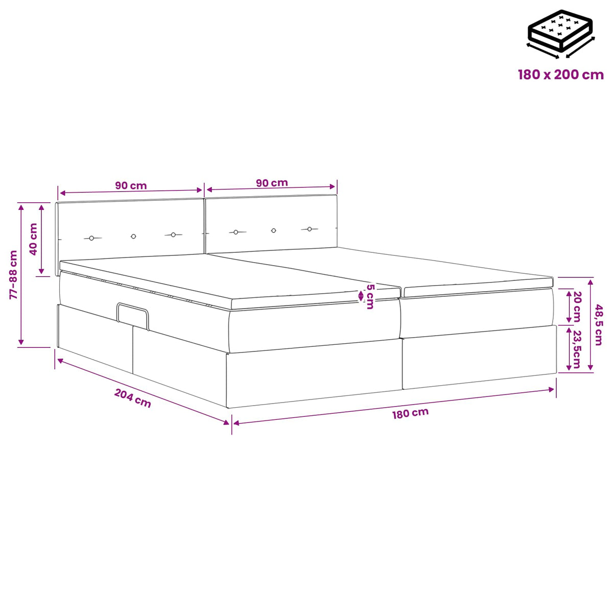 LED krevet za pohranu s madracem Crna 180 x 200 cm Baršun