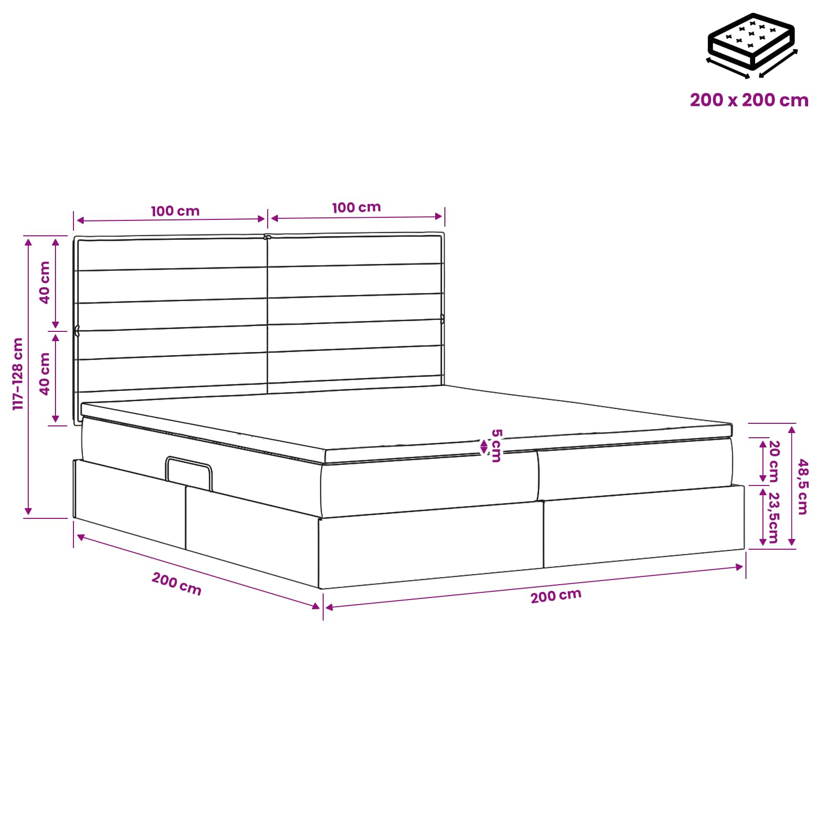 Krevet s od storage s uzglavljem Tamnosiva 200 x 200 cm Tkanina