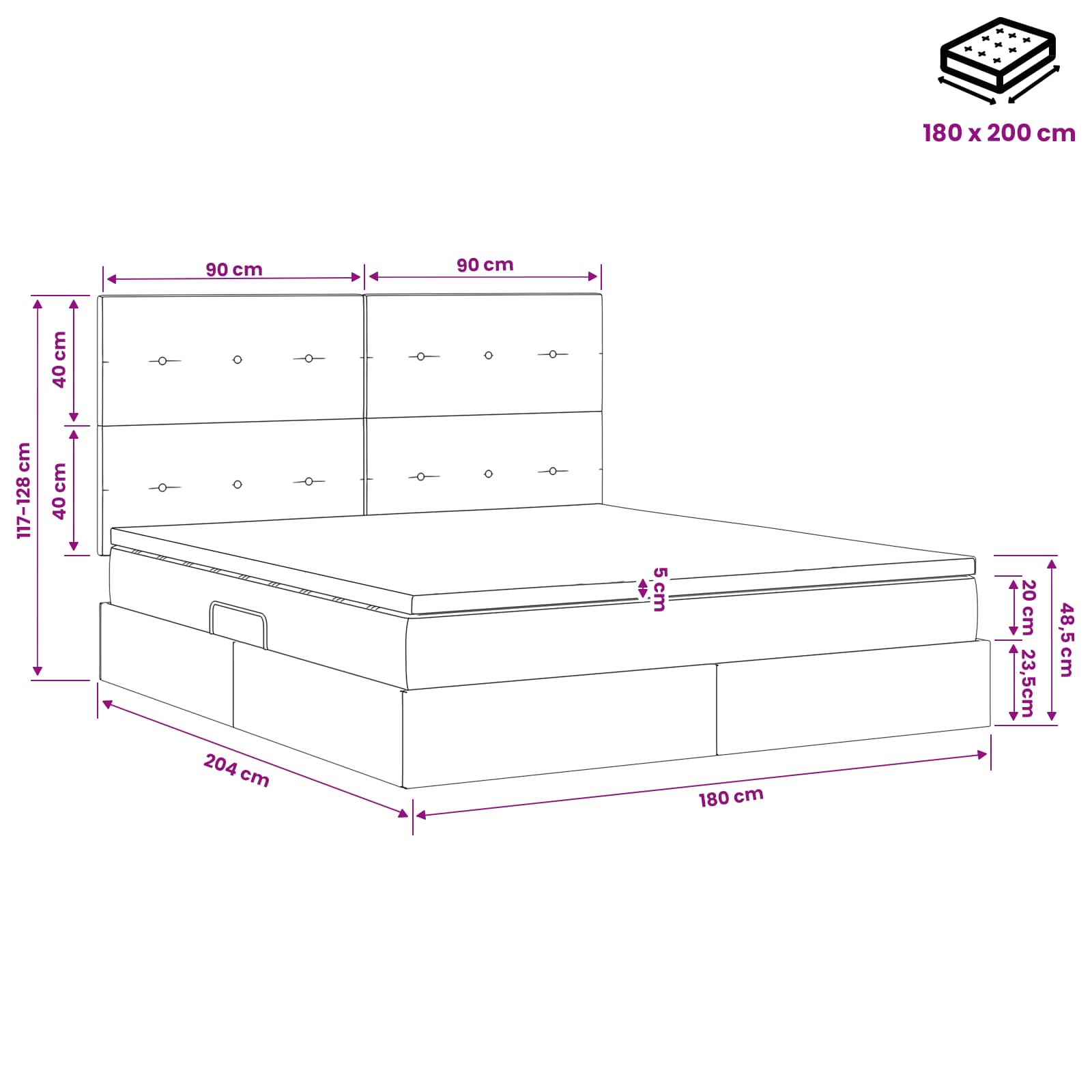LED krevet za pohranu s madracem Crna 180 x 200 cm Tkanina