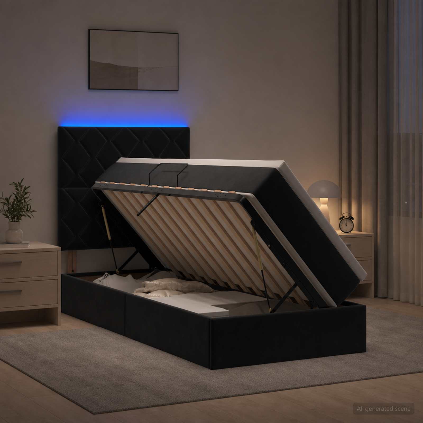 LED krevet za pohranu s madracem Crna 90 x 190 cm Baršun