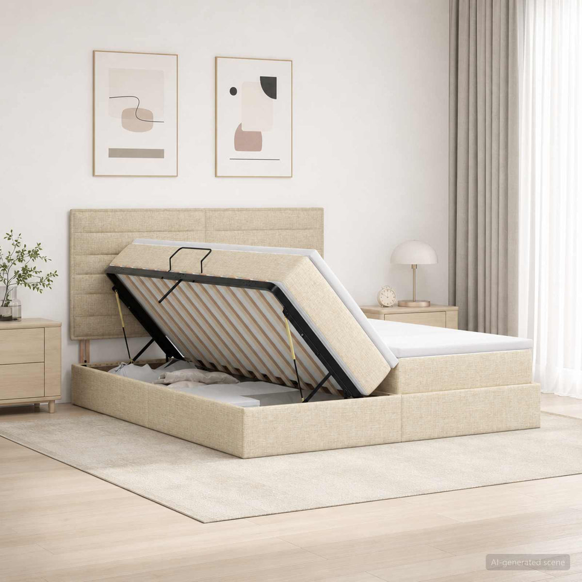 Krevet s od storage s uzglavljem Krem 180 x 200 cm Tkanina