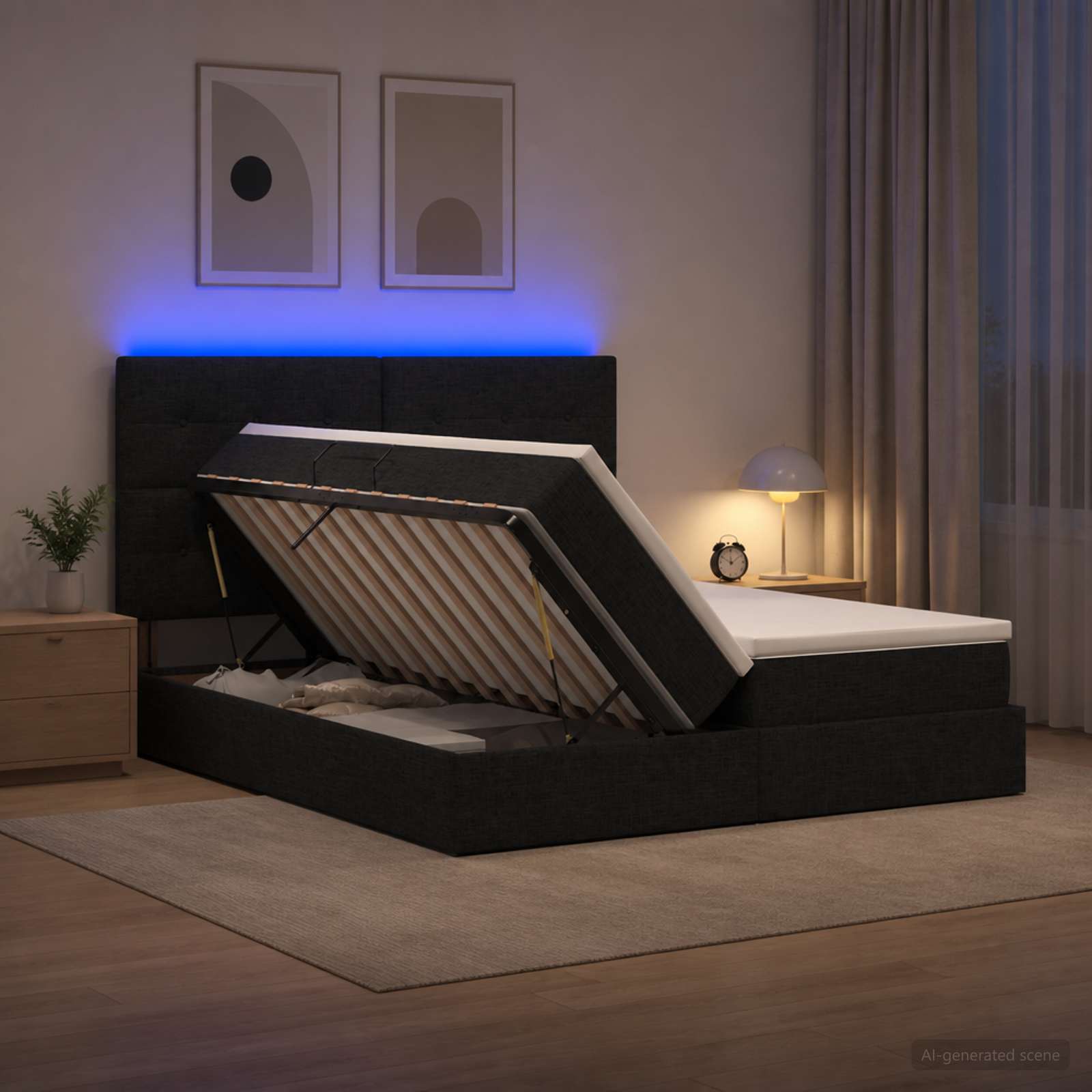 LED krevet za pohranu s madracem Crna 180 x 200 cm Tkanina