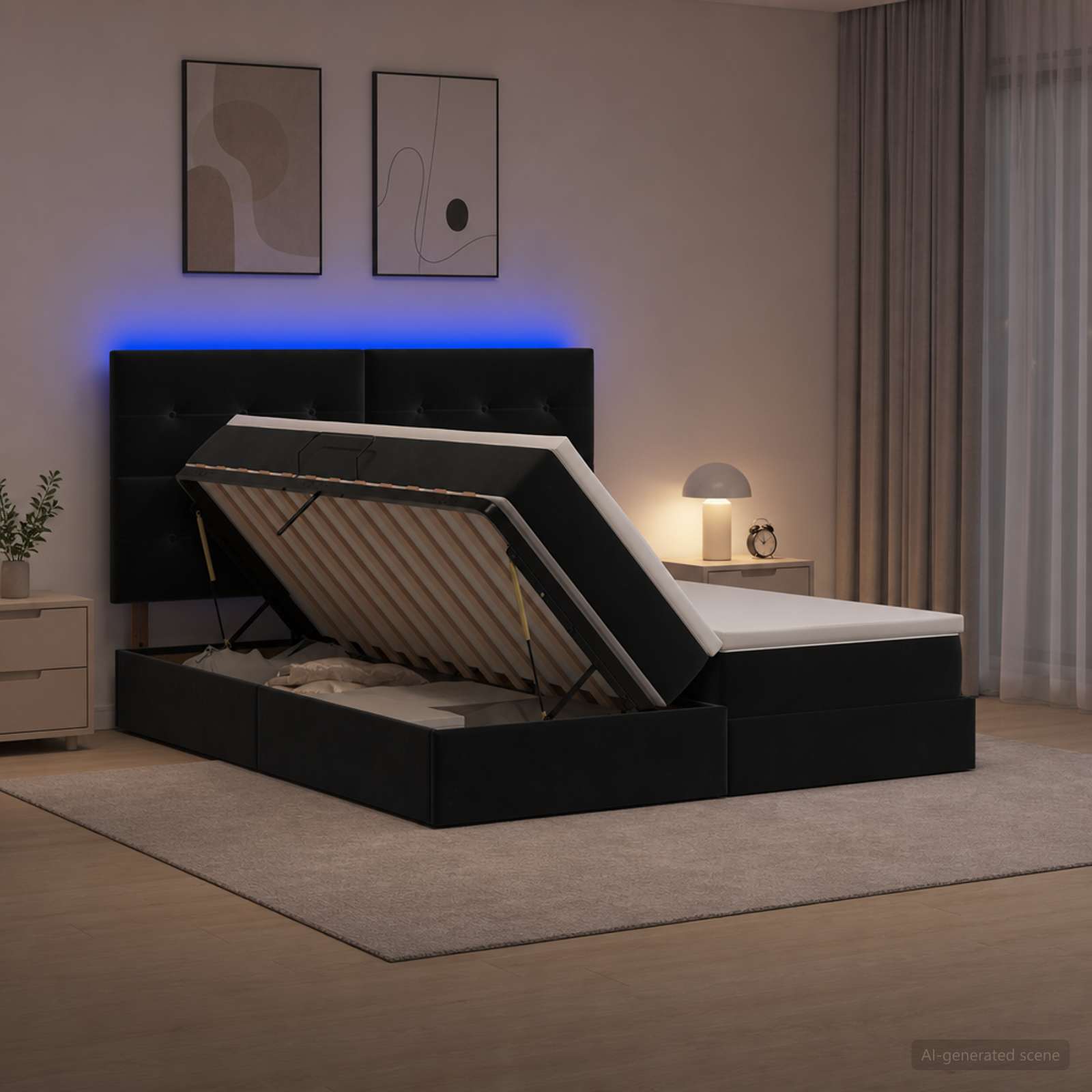 LED krevet za pohranu s madracem Crna 180 x 200 cm Baršun