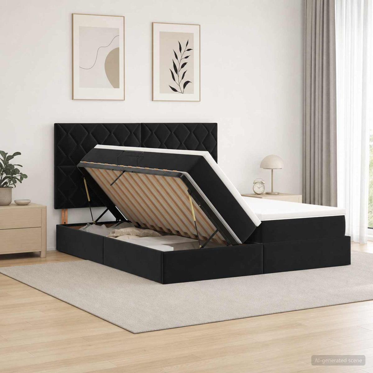 Krevet s od storage s uzglavljem Crna 200 x 200 cm Baršun