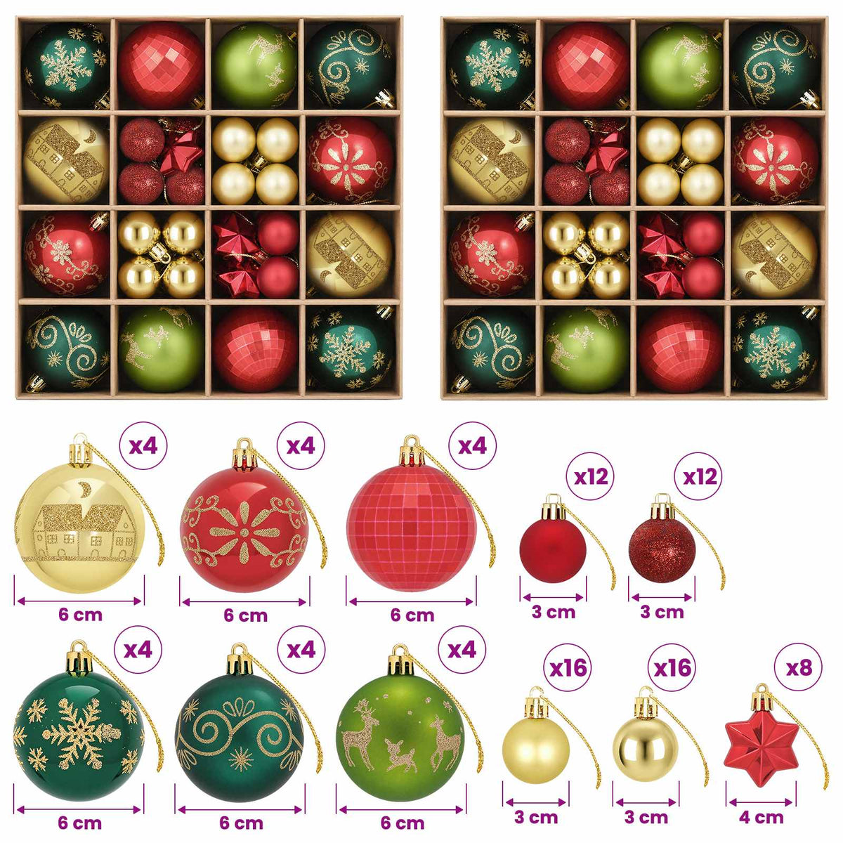 Set božićnih kuglica 88 kom. Crvena, zlatna i zelena Ø 6 cm