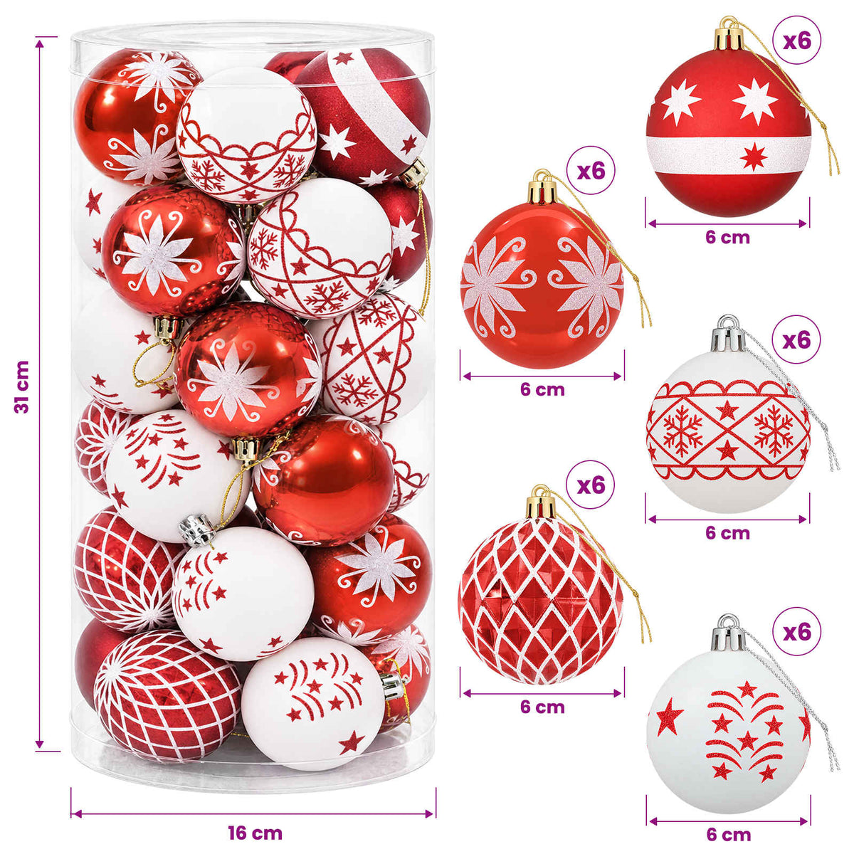 Set božićnih kuglica 30 kom. Crvena i bijela Ø 6 cm Plastika