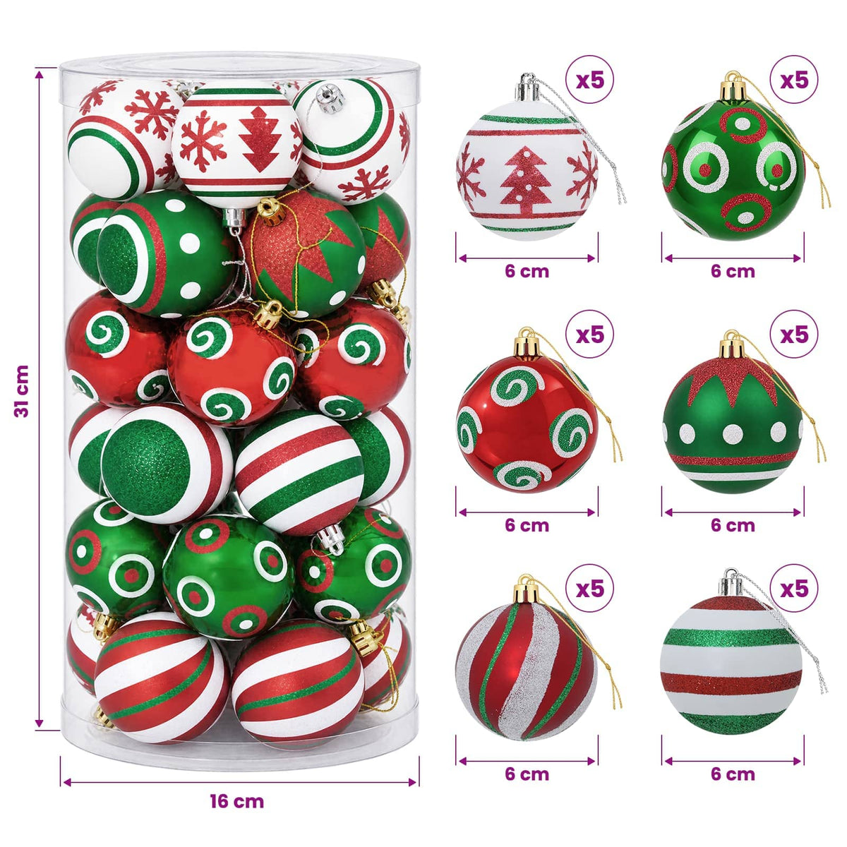 Set božićnih kuglica 30 kom. Bijela, crvena i zelena Ø 6 cm