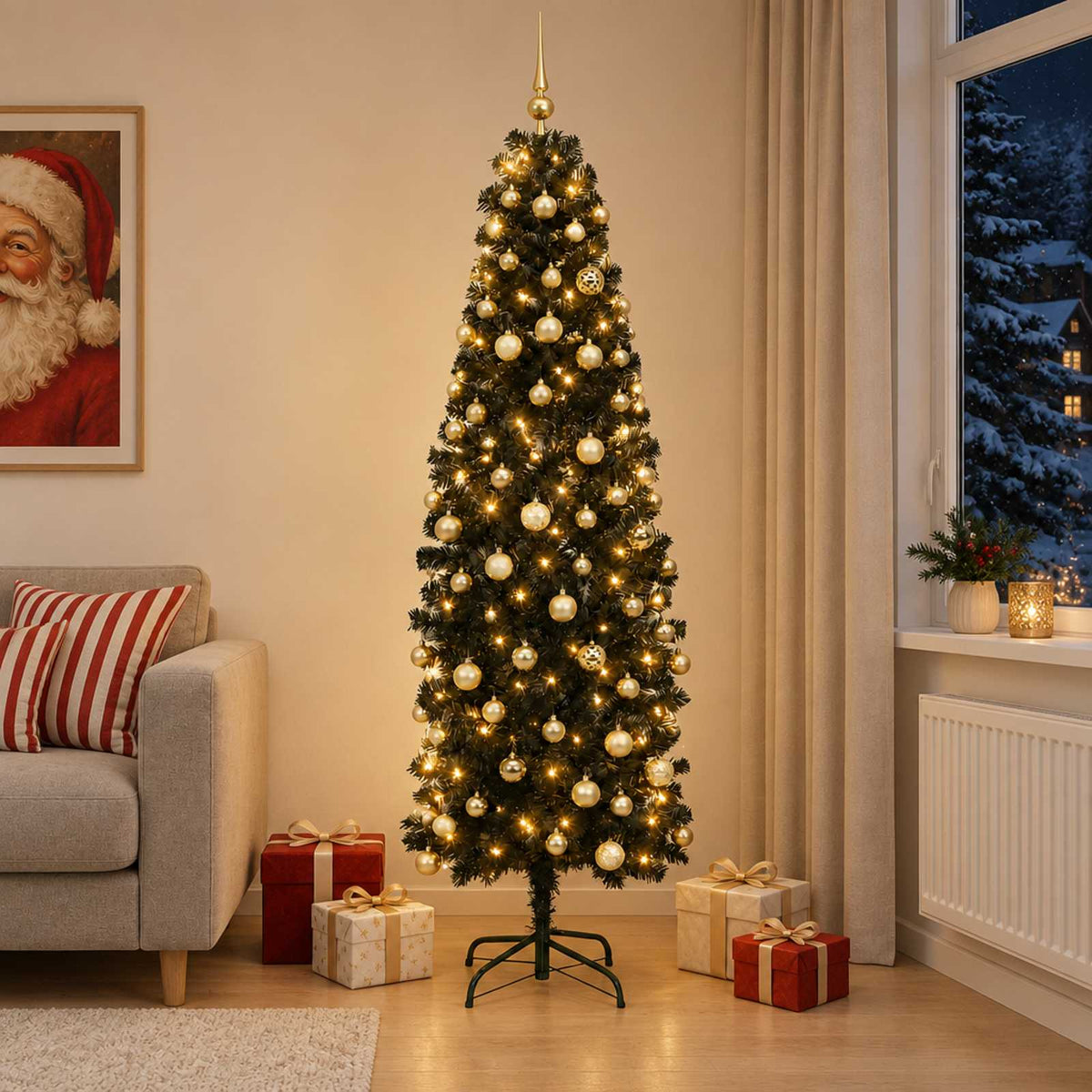 Umjetno usko božićno drvce s kuglicom 210 cm 300 LED lampica
