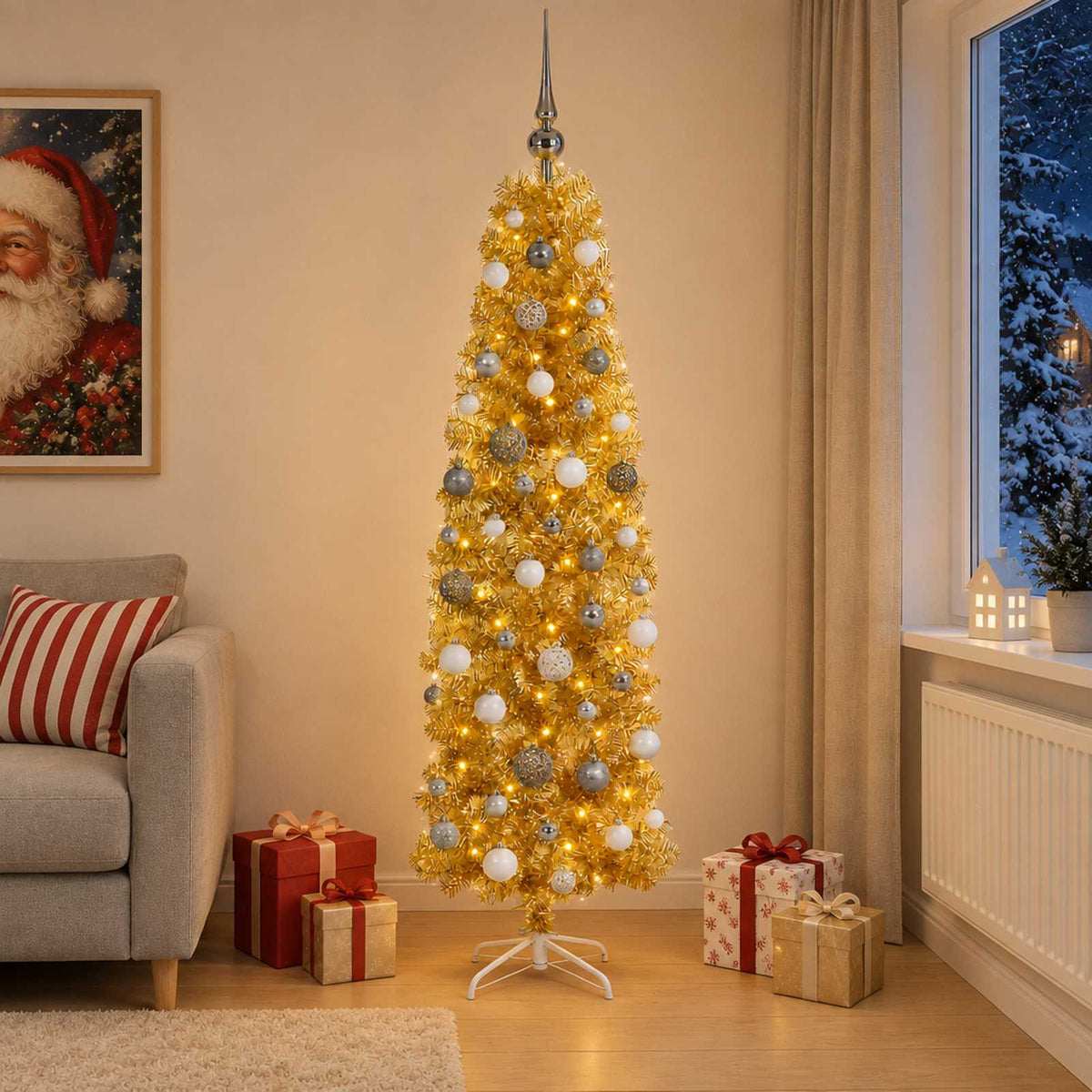 Umjetno usko božićno drvce s kuglicama 180 cm 300 LED lampica