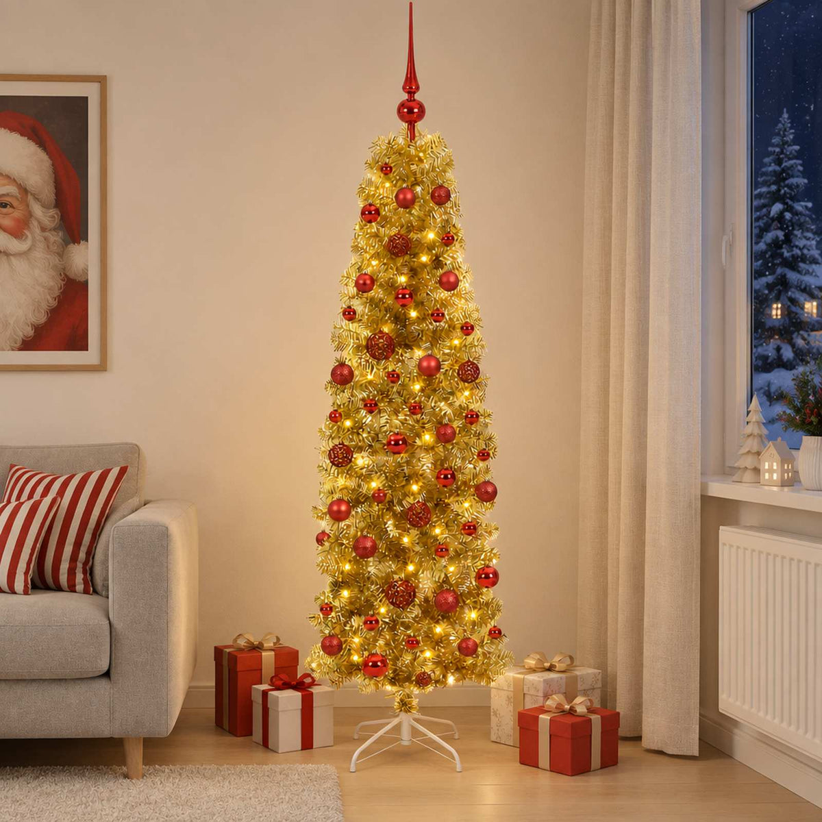 Umjetno usko božićno drvce s kuglicama 180 cm 300 LED lampica