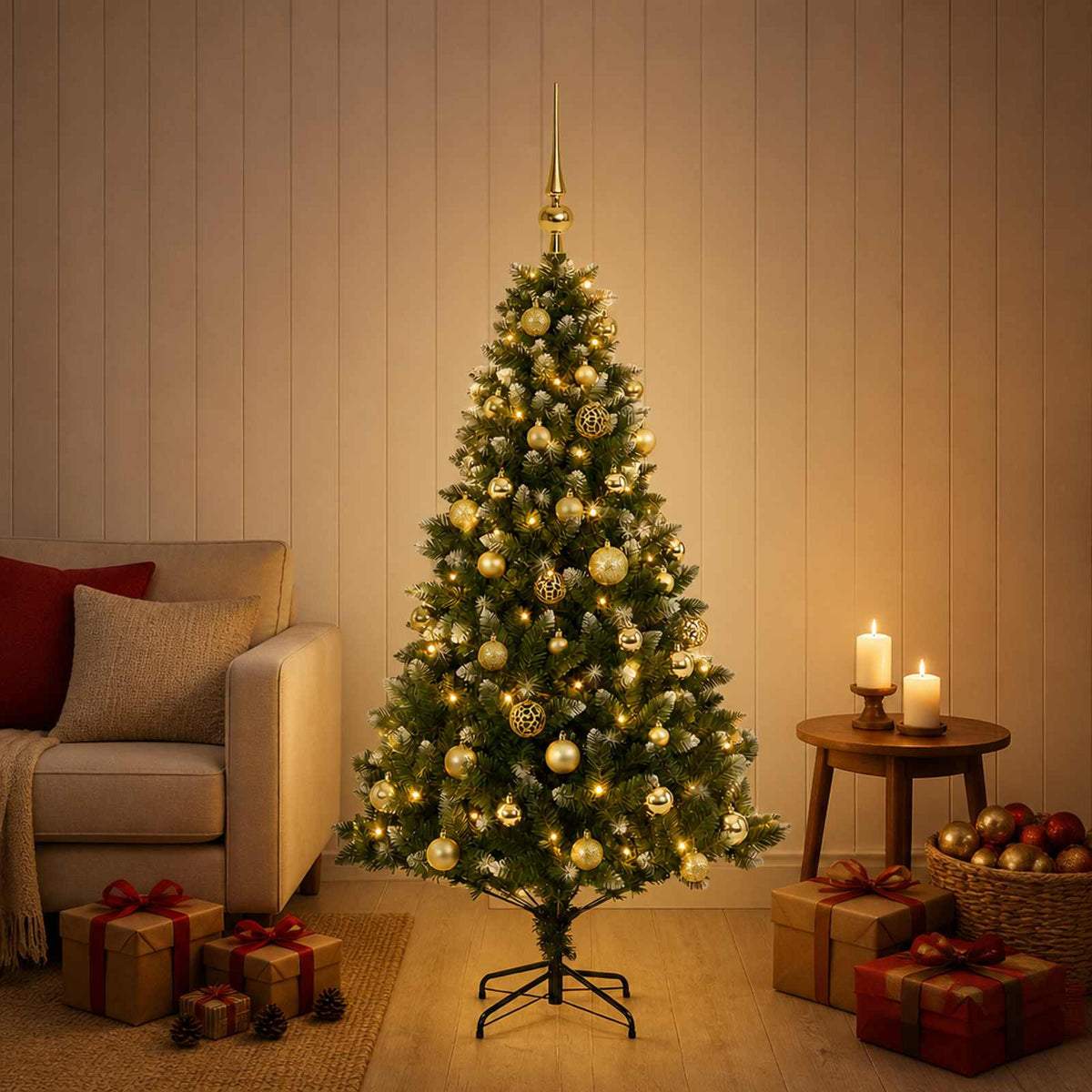 Umjetno božićno drvce s kuglicama 120 cm 150 LED lampica