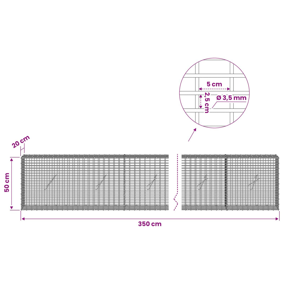 Gabion s žicom debljine 3,5 mm i mrežom 5x2,5 cm 350x20x50 cm
