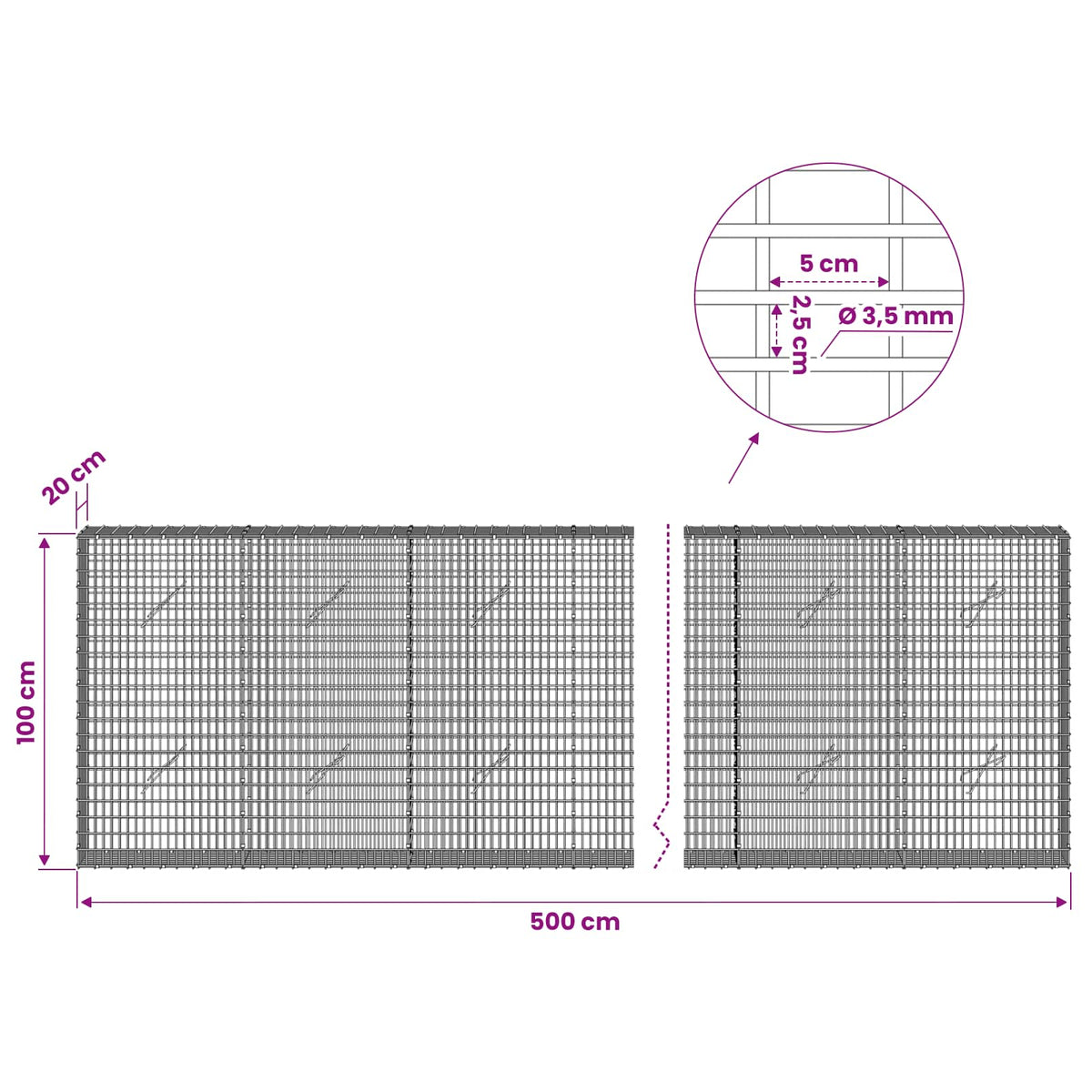 Gabion s žicom debljine 3,5 mm i mrežom 5x2,5 cm 500x20x100 cm