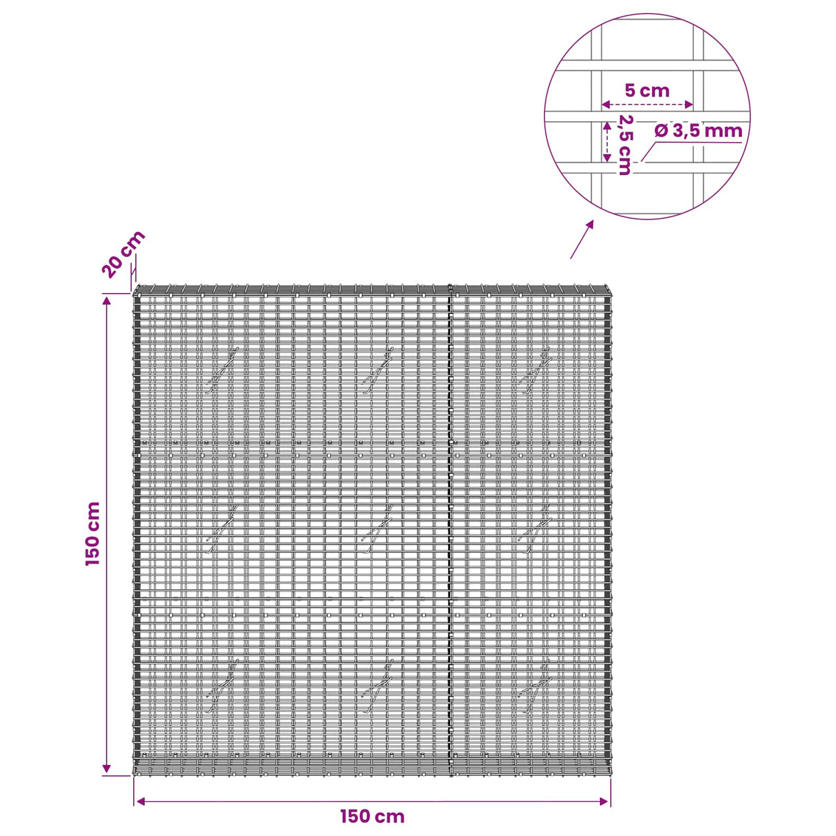 Gabion s žicom debljine 3,5 mm i mrežom 5x2,5 cm 150x20x150 cm