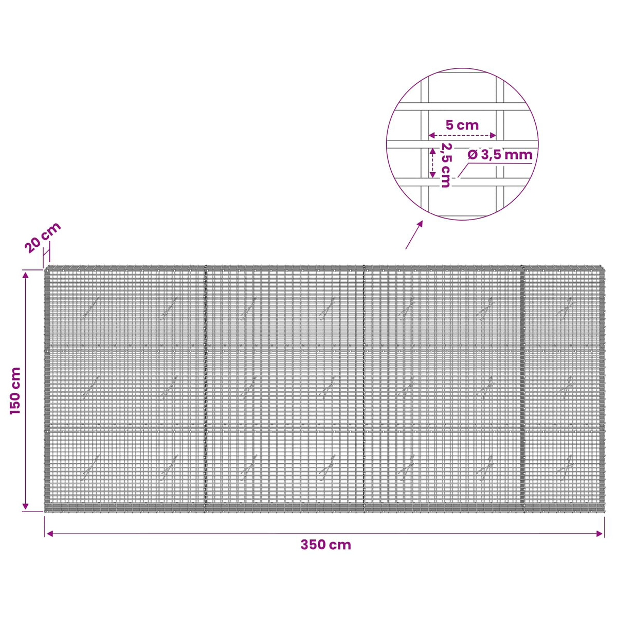 Gabion s žicom debljine 3,5 mm i mrežom 5x2,5 cm 350x20x150 cm