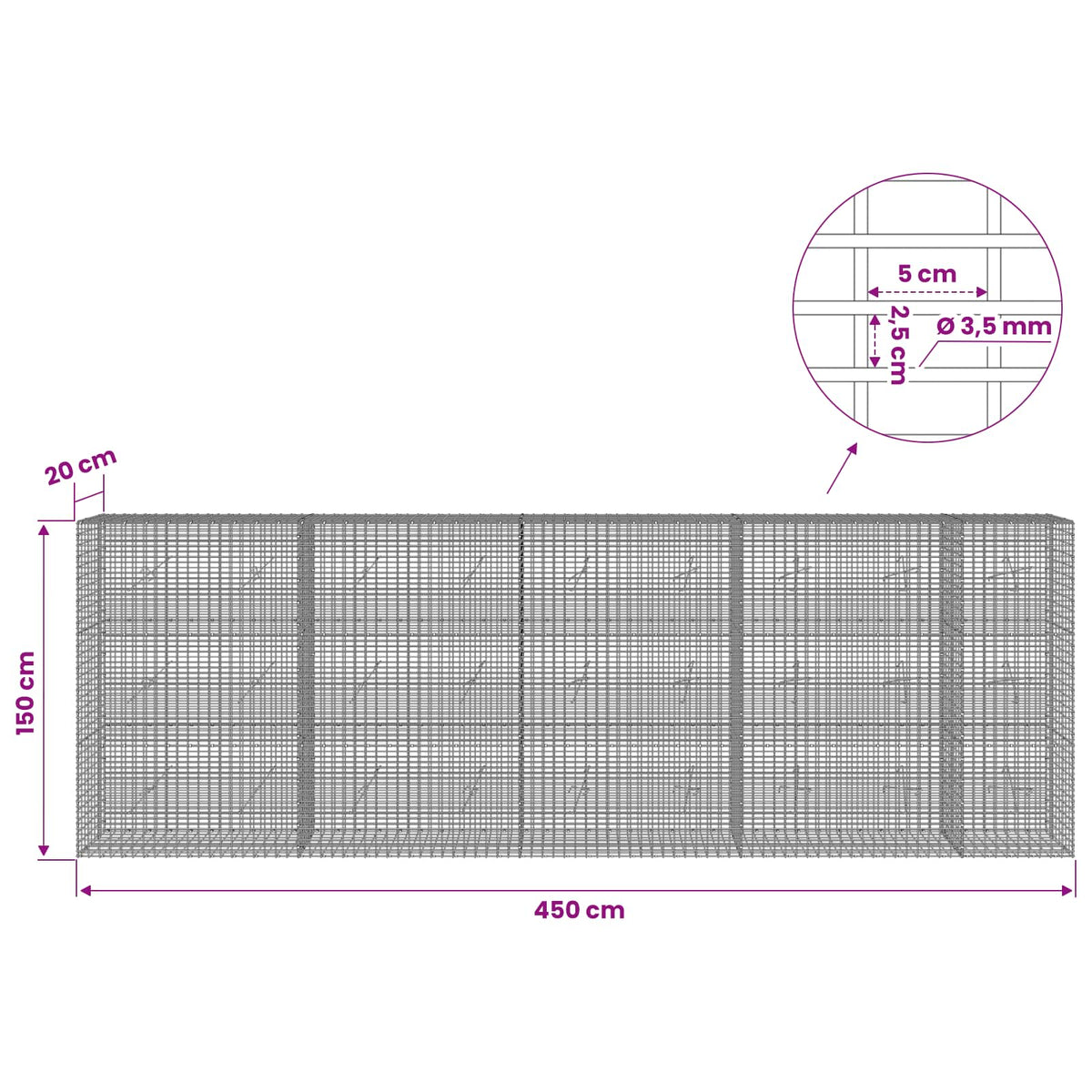 Gabion s žicom debljine 3,5 mm i mrežom 5x2,5 cm 450x20x150 cm