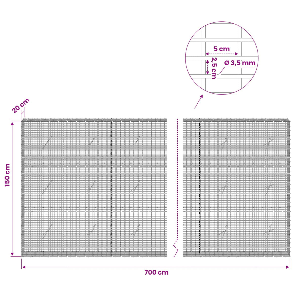 Gabion s žicom debljine 3,5 mm i mrežom 5x2,5 cm 700x20x150 cm