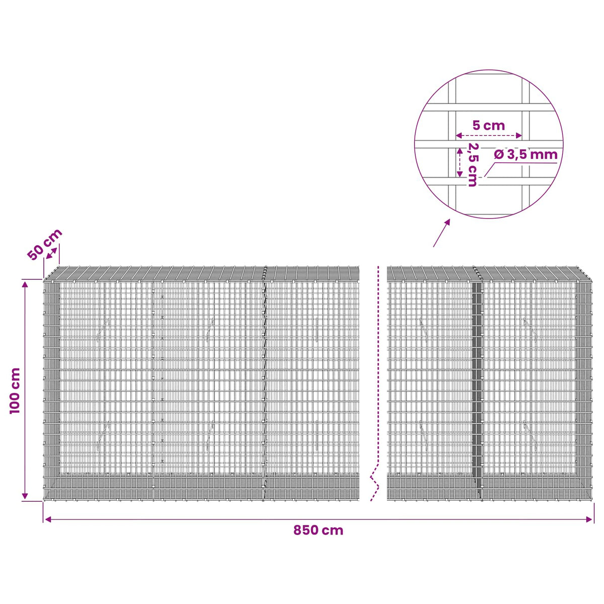 Gabion s žicom debljine 3,5 mm i mrežom 5x2,5 cm 850x50x100 cm