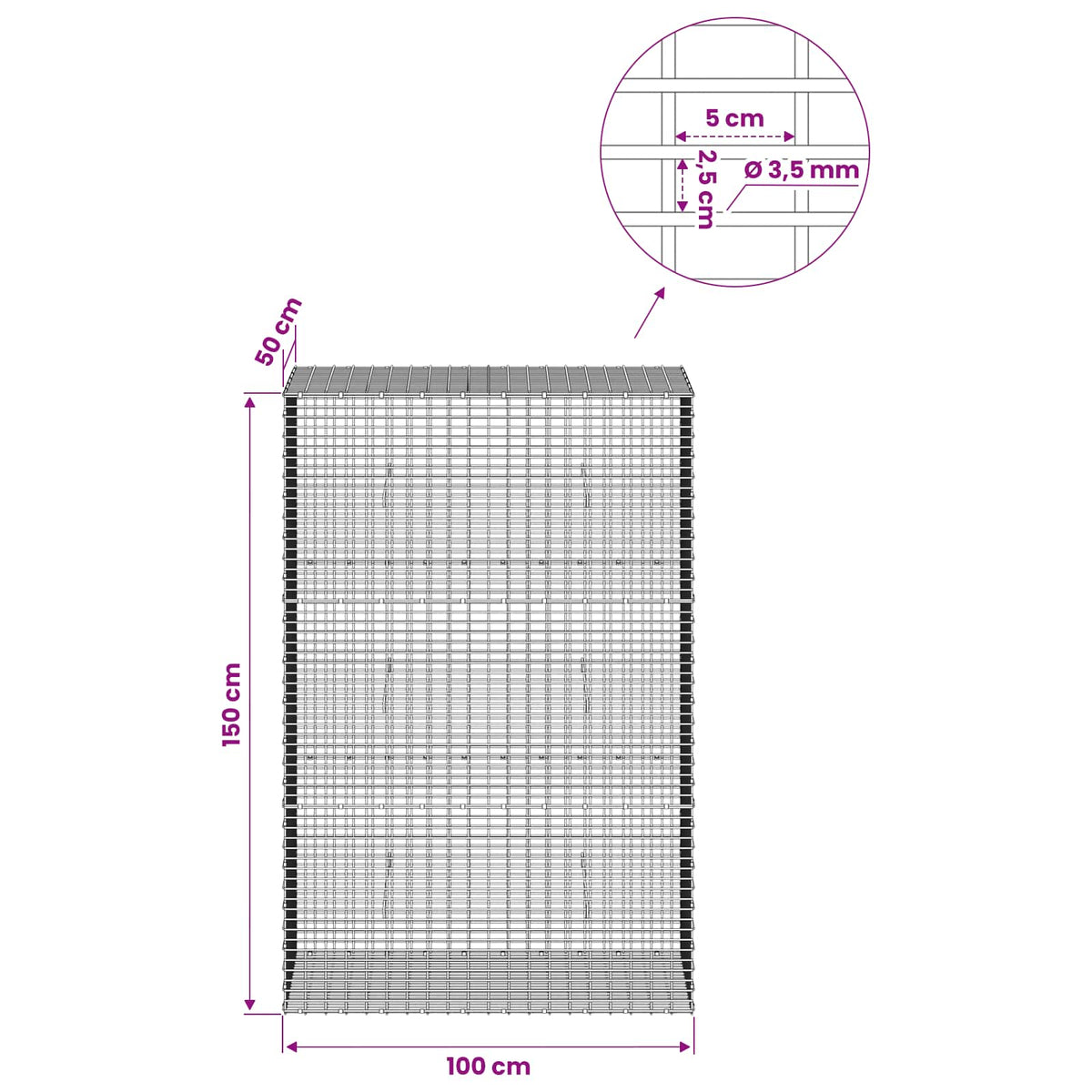 Gabion s žicom debljine 3,5 mm i mrežom 5x2,5 cm 100x50x150 cm