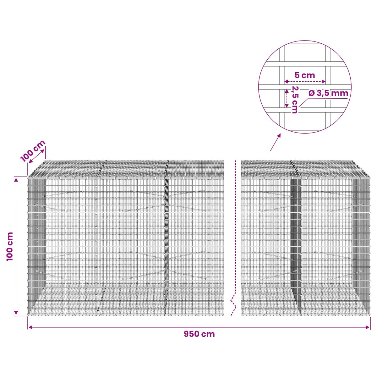 Gabion s žicom debljine 3,5 mm i mrežom 5x2,5 cm 950x100x100 cm