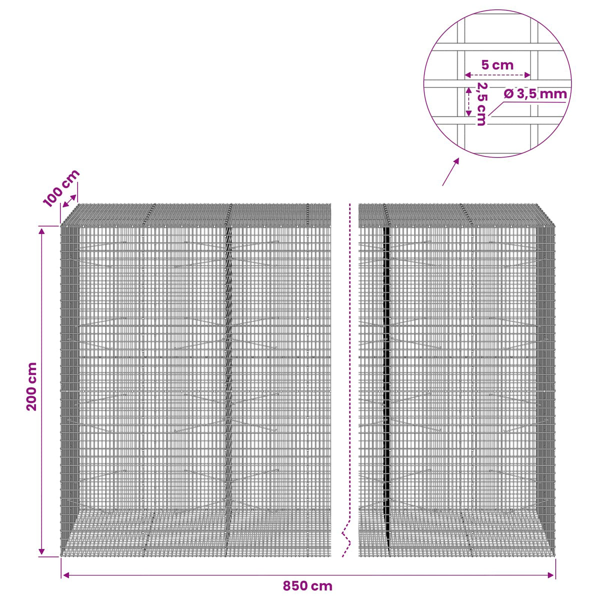 Gabion s žicom debljine 3,5 mm i mrežom 5x2,5 cm 850x100x200 cm