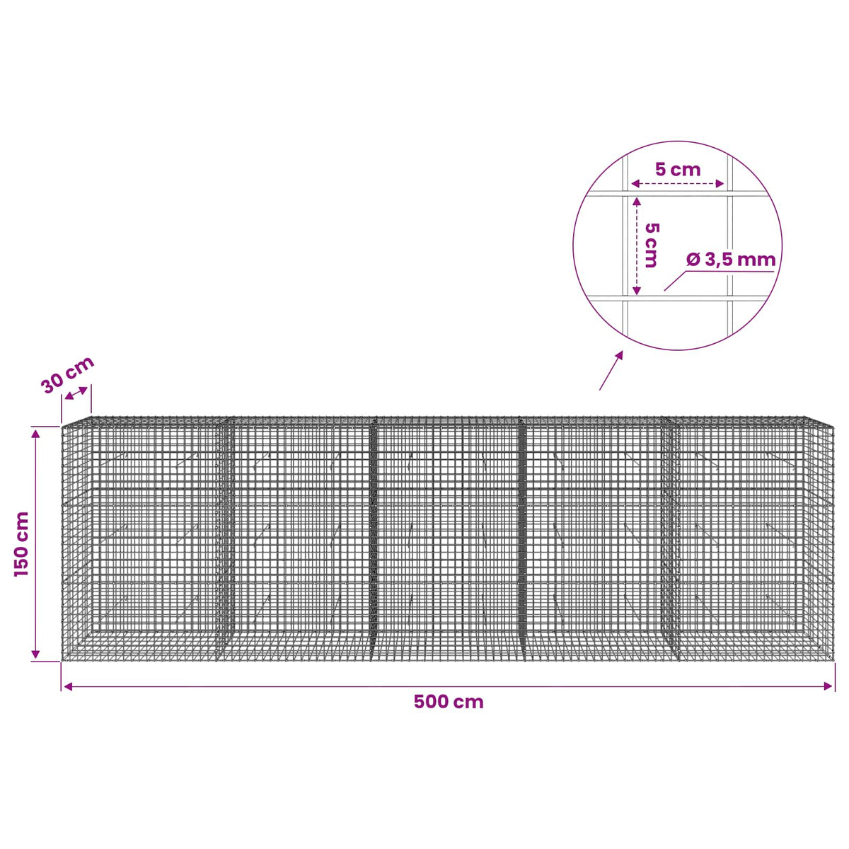 Gabion s žicom debljine 3,5 mm i mrežom 5x5 cm 500x30x150 cm