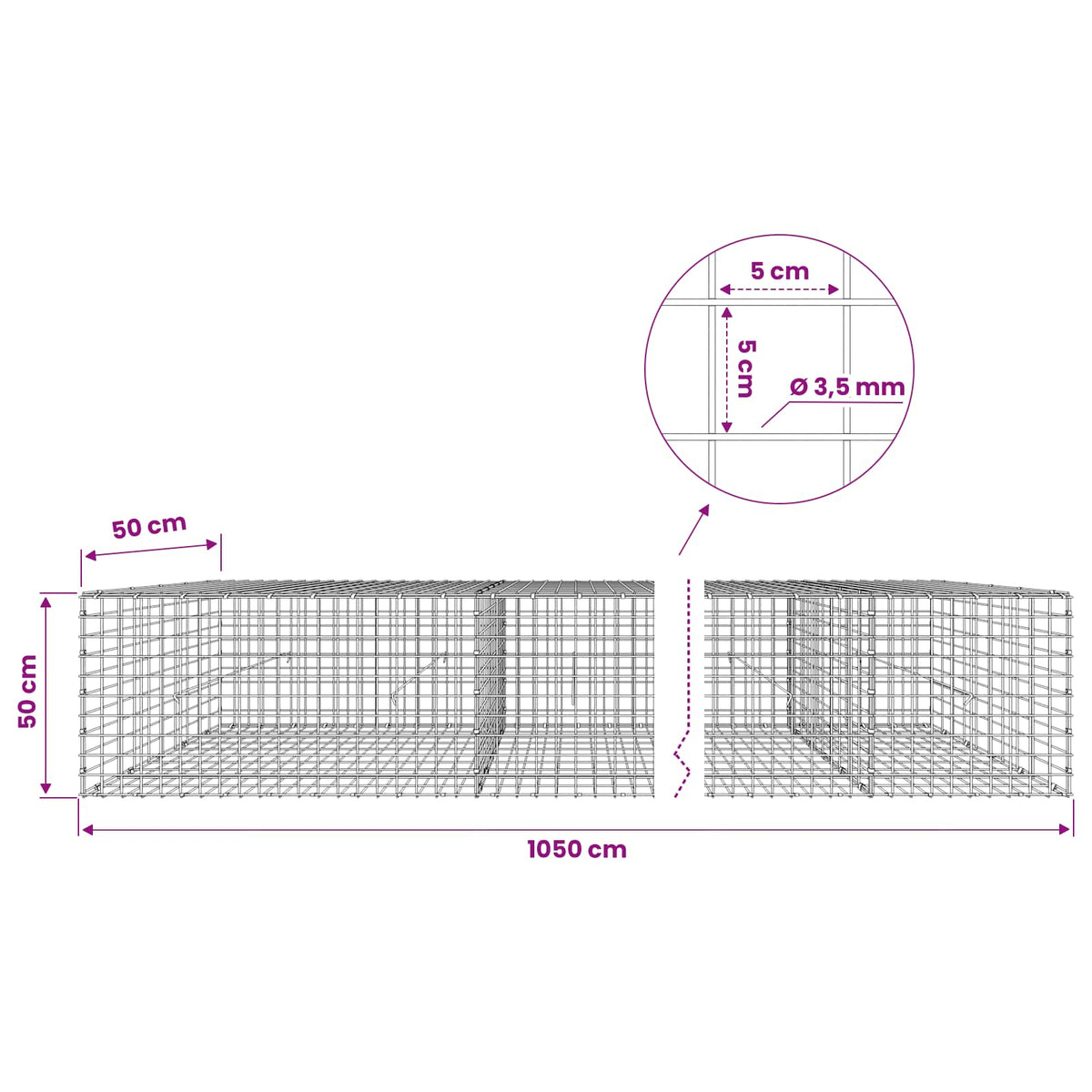 Gabion s žicom debljine 3,5 mm i mrežom 5x5 cm 1050x50x50 cm