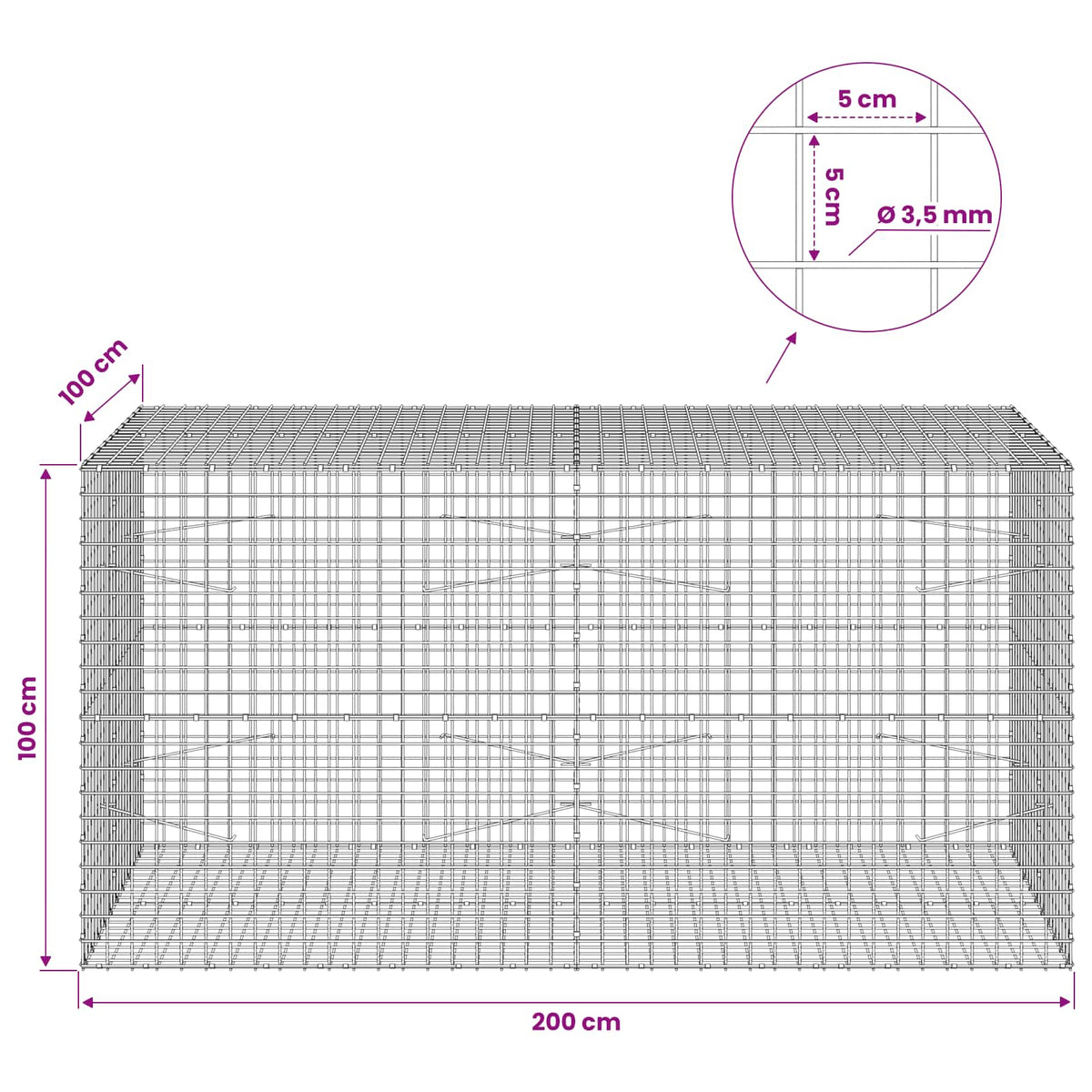 Gabion s žicom debljine 3,5 mm i mrežom 5x5 cm 200x100x100 cm