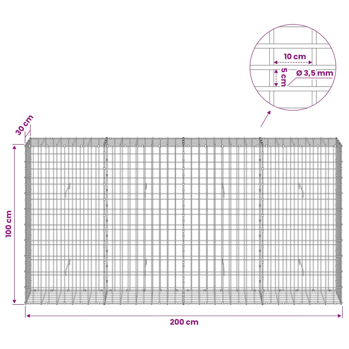 Gabion s žicom debljine 3,5 mm i mrežom 5x10 cm 200x30x100 cm