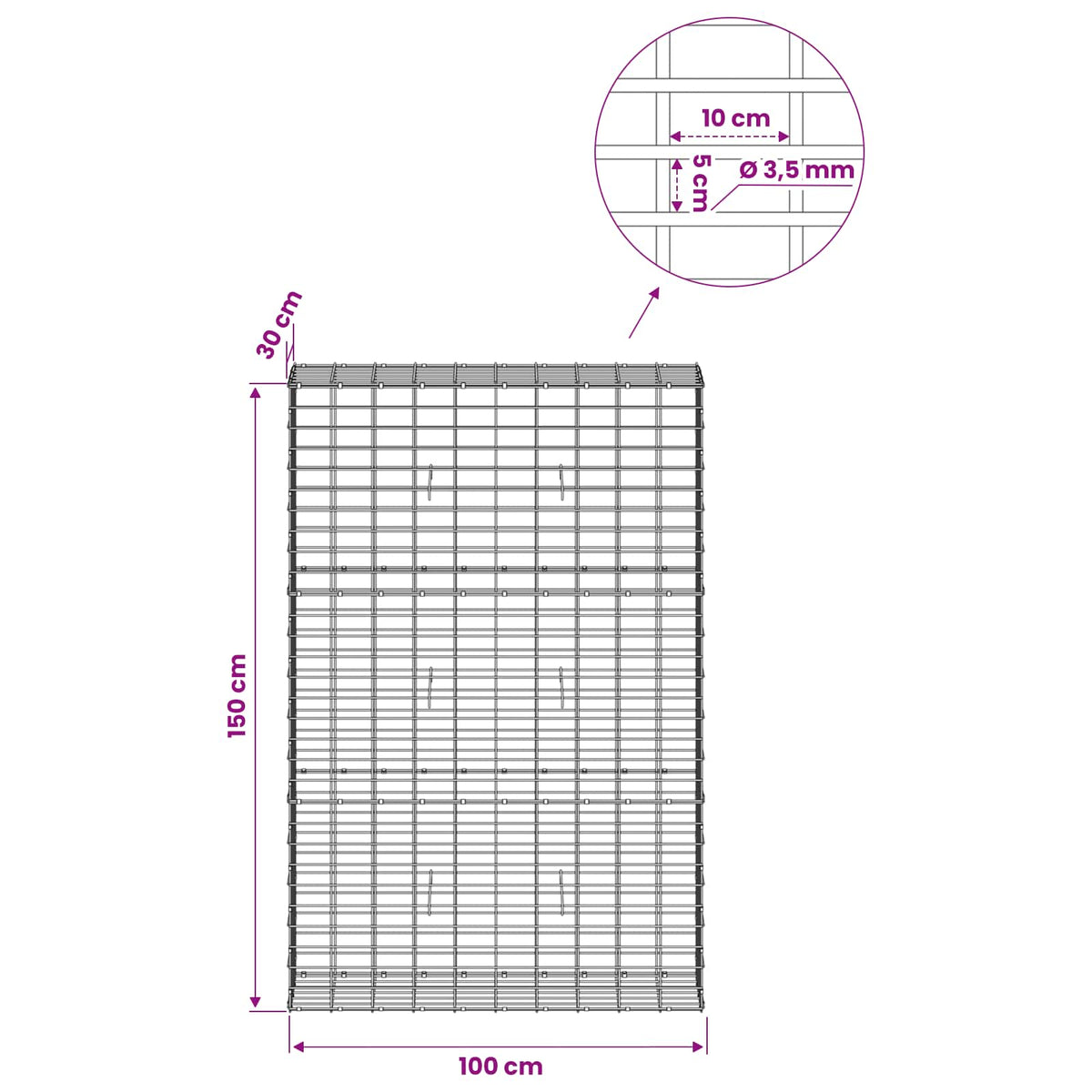 Gabion s žicom debljine 3,5 mm i mrežom 5x10 cm 100x30x150 cm