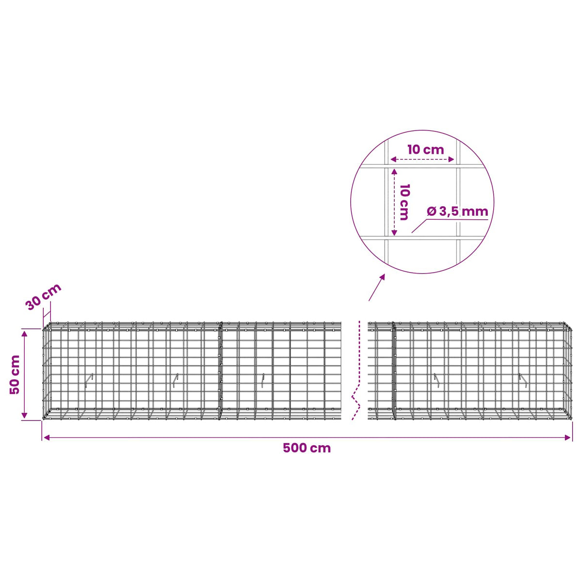 Gabion s žicom debljine 3,5 mm i mrežom 10x10 cm 500x30x50 cm