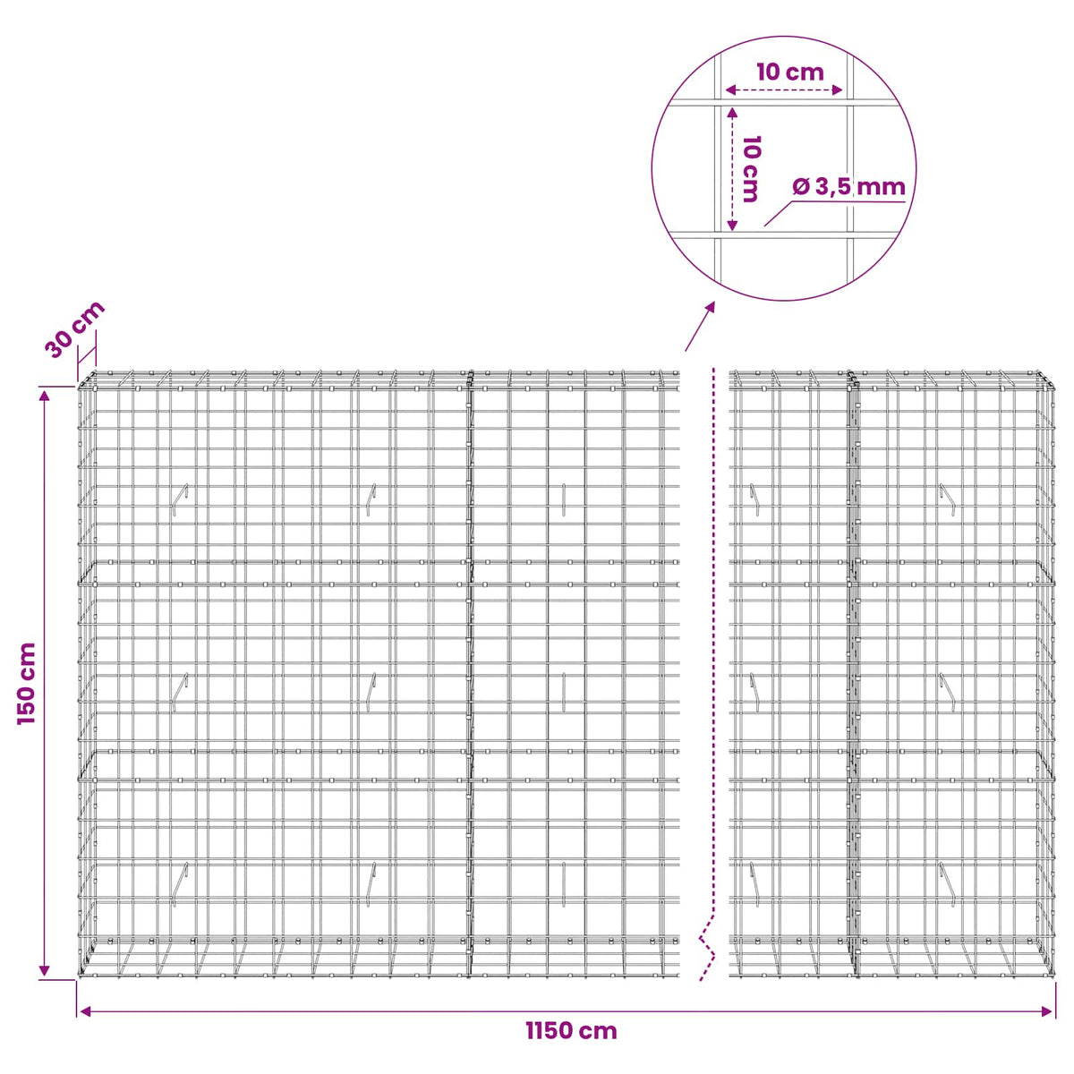 Gabion s žicom debljine 3,5 mm i mrežom 10x10 cm 1150x30x150 cm