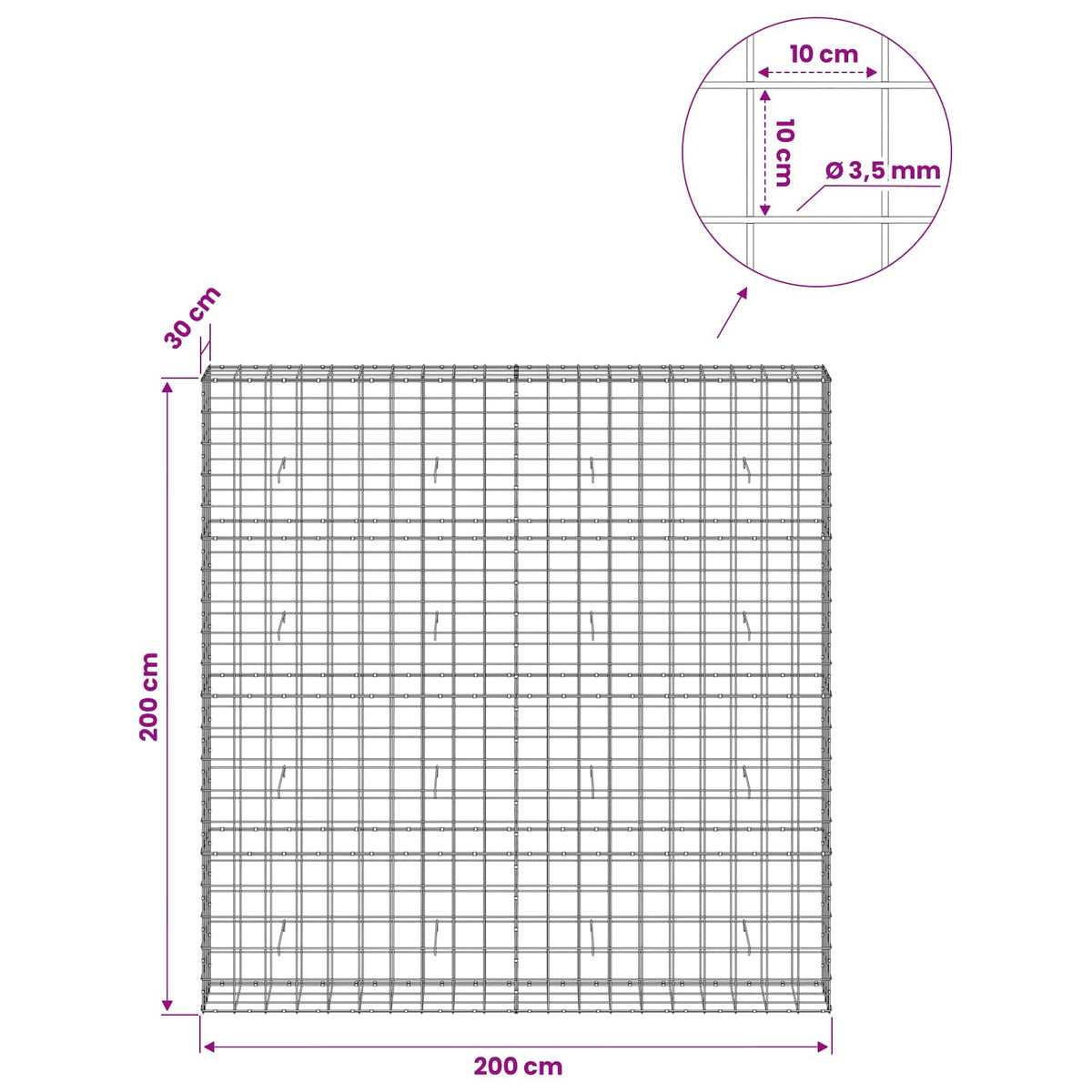 Gabion s žicom debljine 3,5 mm i mrežom 10x10 cm 200x30x200 cm