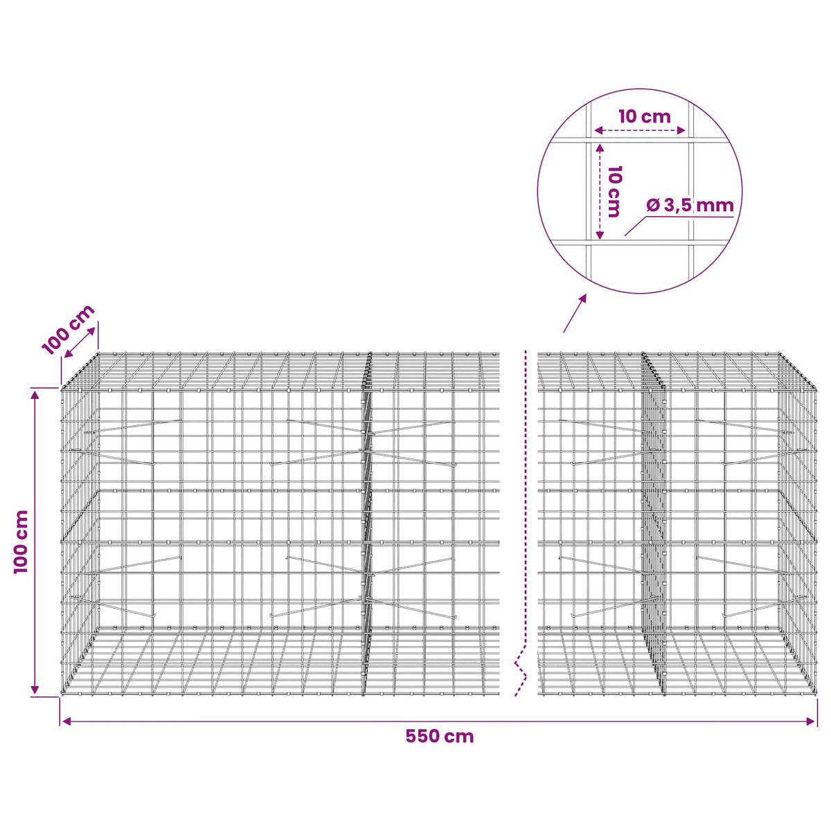 Gabion s žicom debljine 3,5 mm i mrežom 10x10 cm 550x100x100 cm