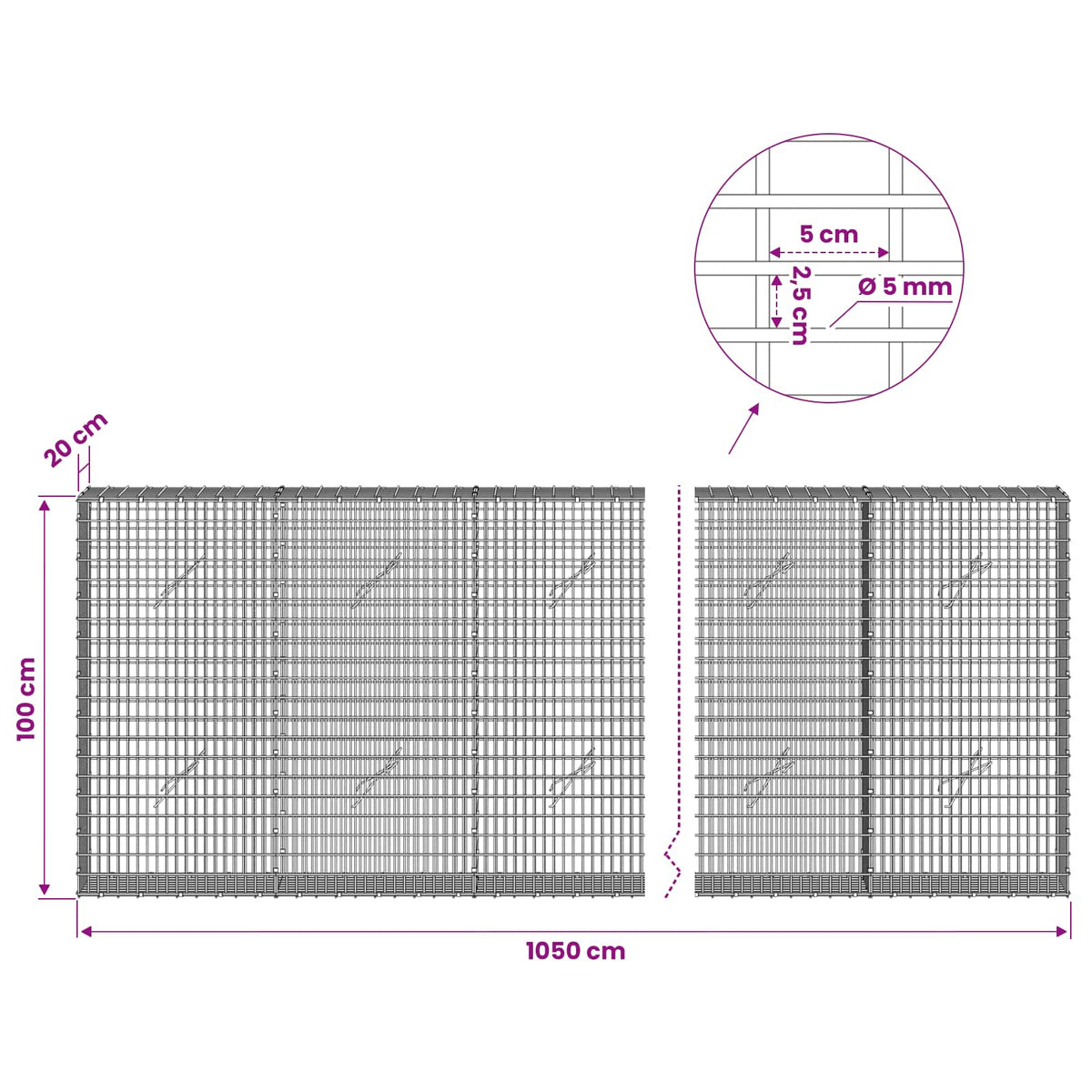 Gabion s žicom debljine 5 mm i mrežom 5x2,5 cm 1050x20x100 cm