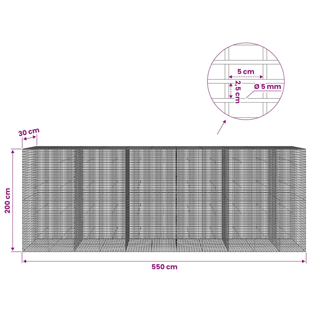 Gabion s žicom debljine 5 mm i mrežom 5x2,5 cm 550x30x200 cm