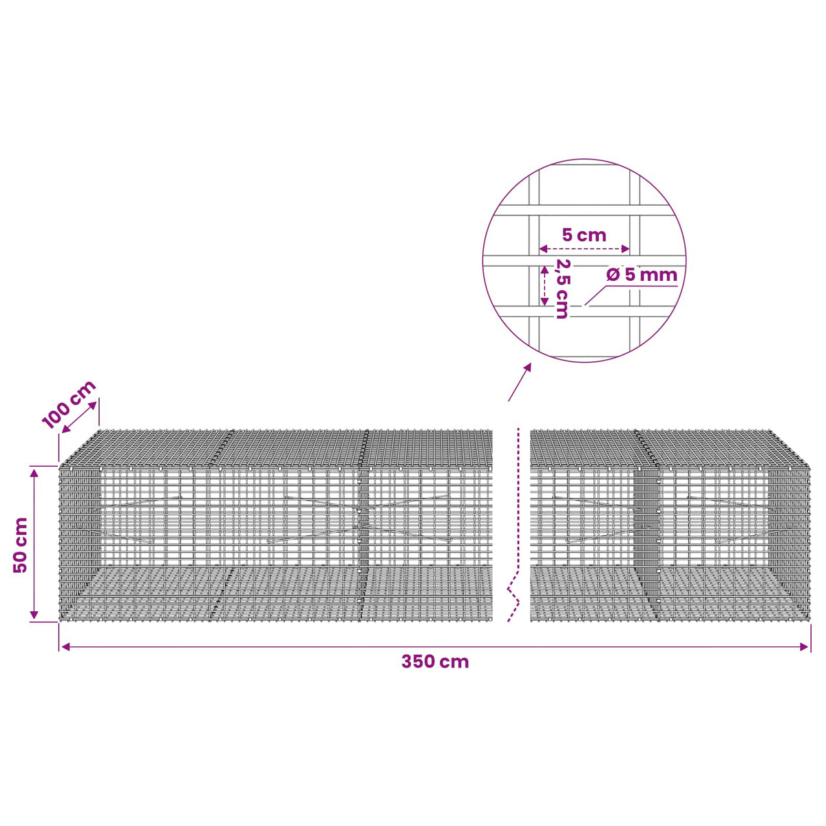 Gabion s žicom debljine 5 mm i mrežom 5x2,5 cm 350x100x50 cm
