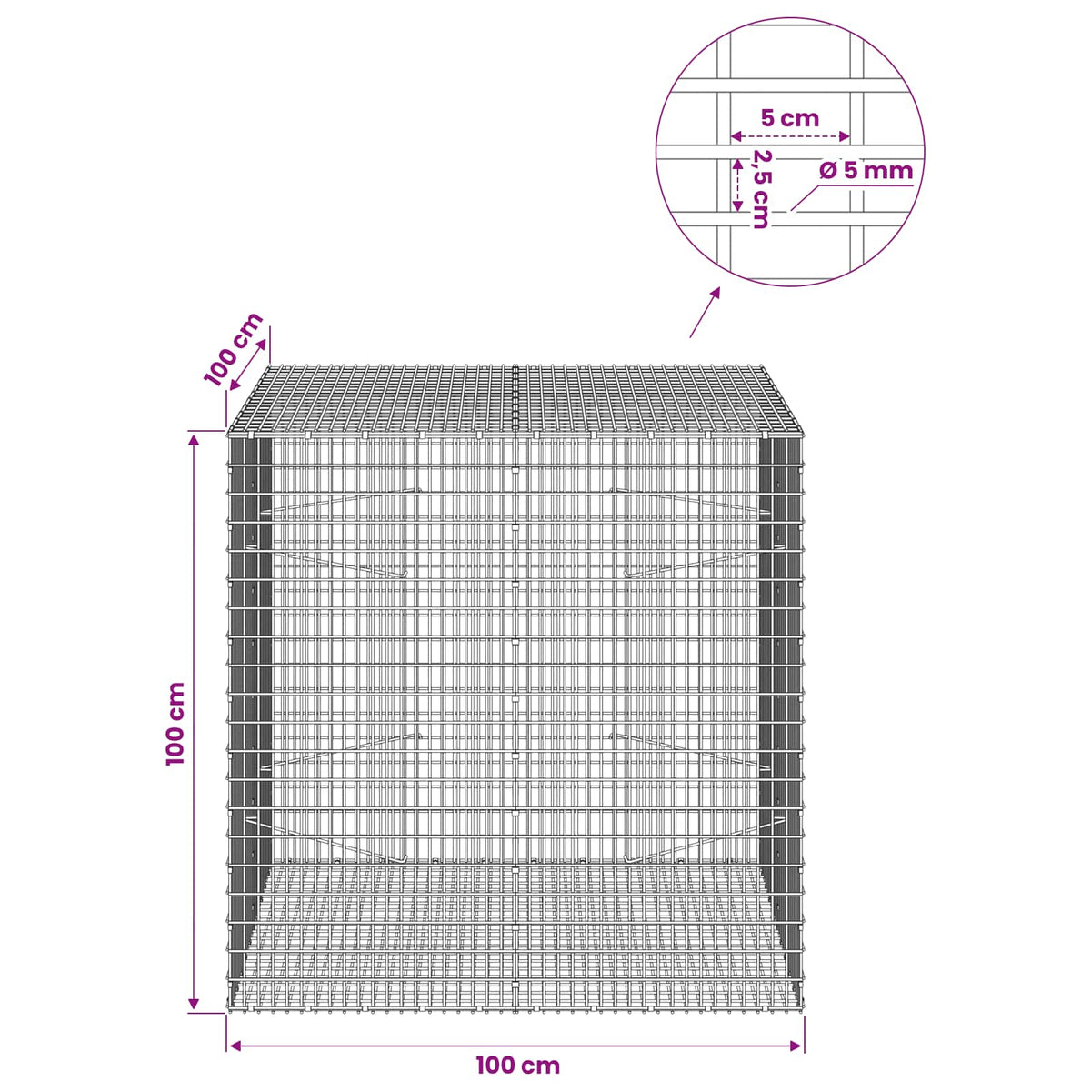Gabion s žicom debljine 5 mm i mrežom 5x2,5 cm 100x100x100 cm