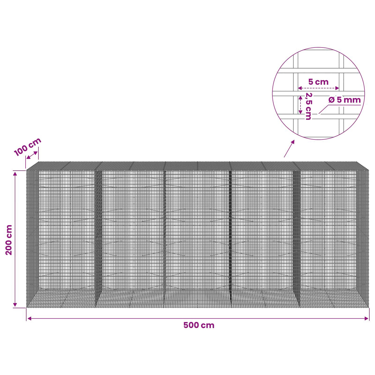 Gabion s žicom debljine 5 mm i mrežom 5x2,5 cm 500x100x200 cm