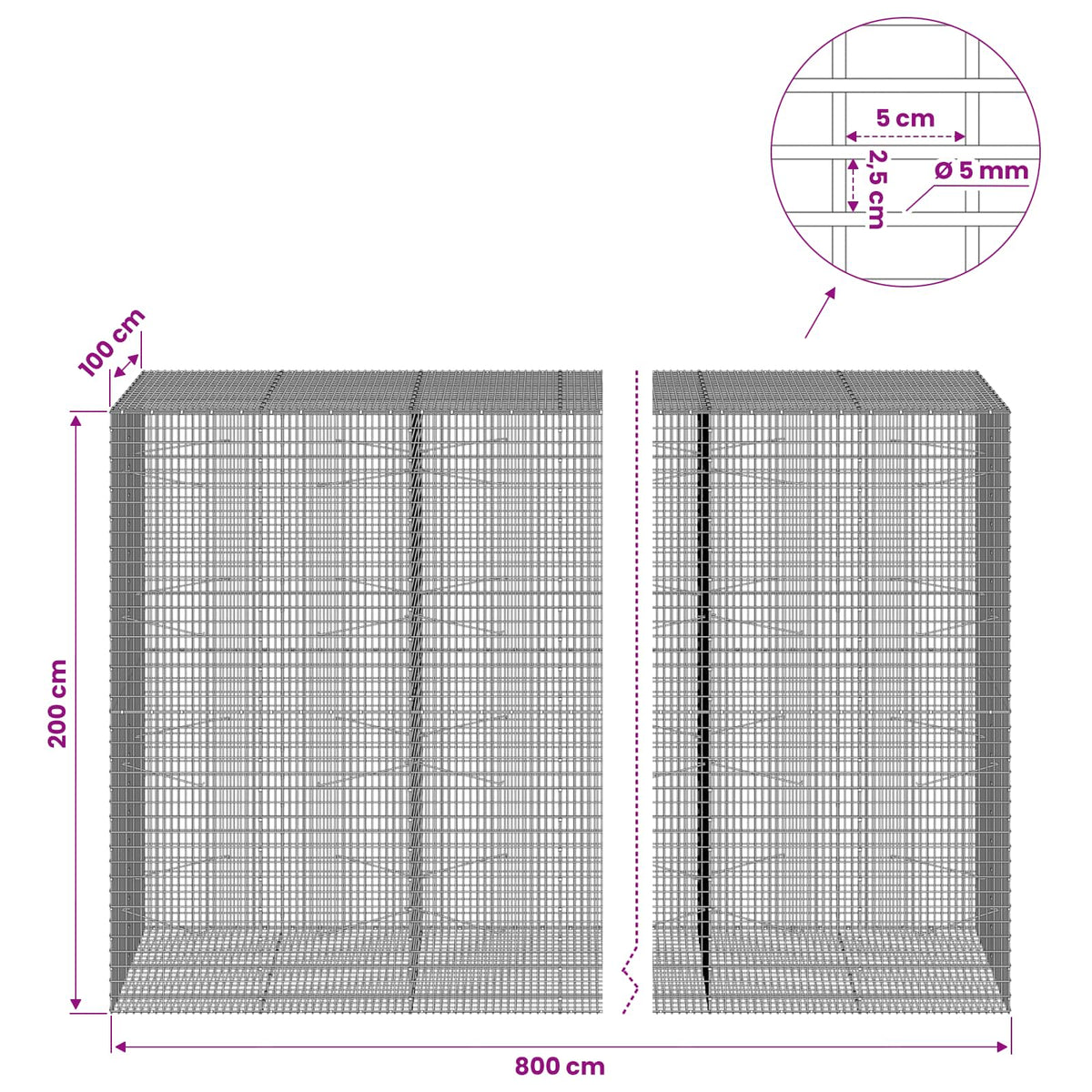 Gabion s žicom debljine 5 mm i mrežom 5x2,5 cm 800x100x200 cm