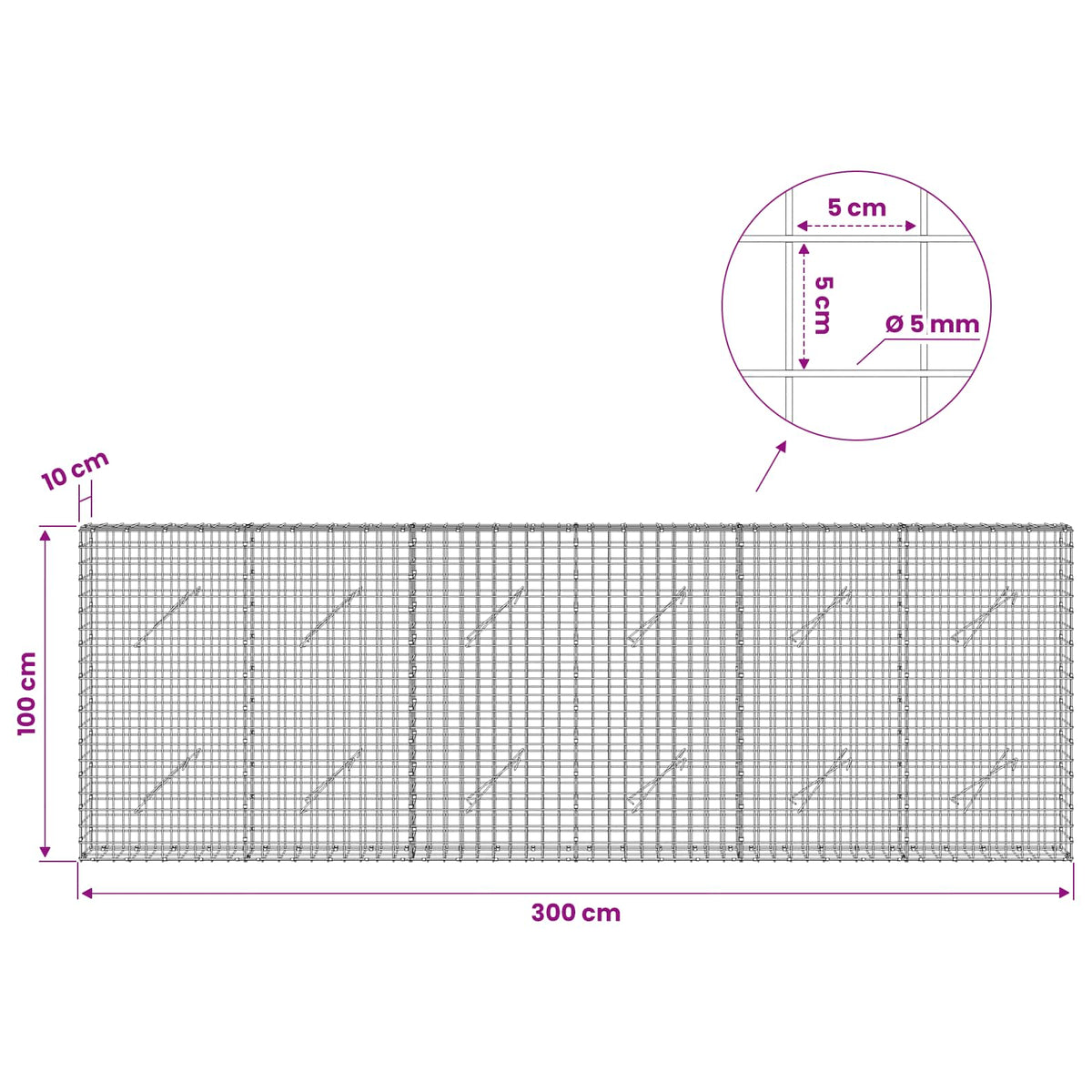 Gabion s 5 mm žicom i mrežom 5x5 cm 300x10x100 cm