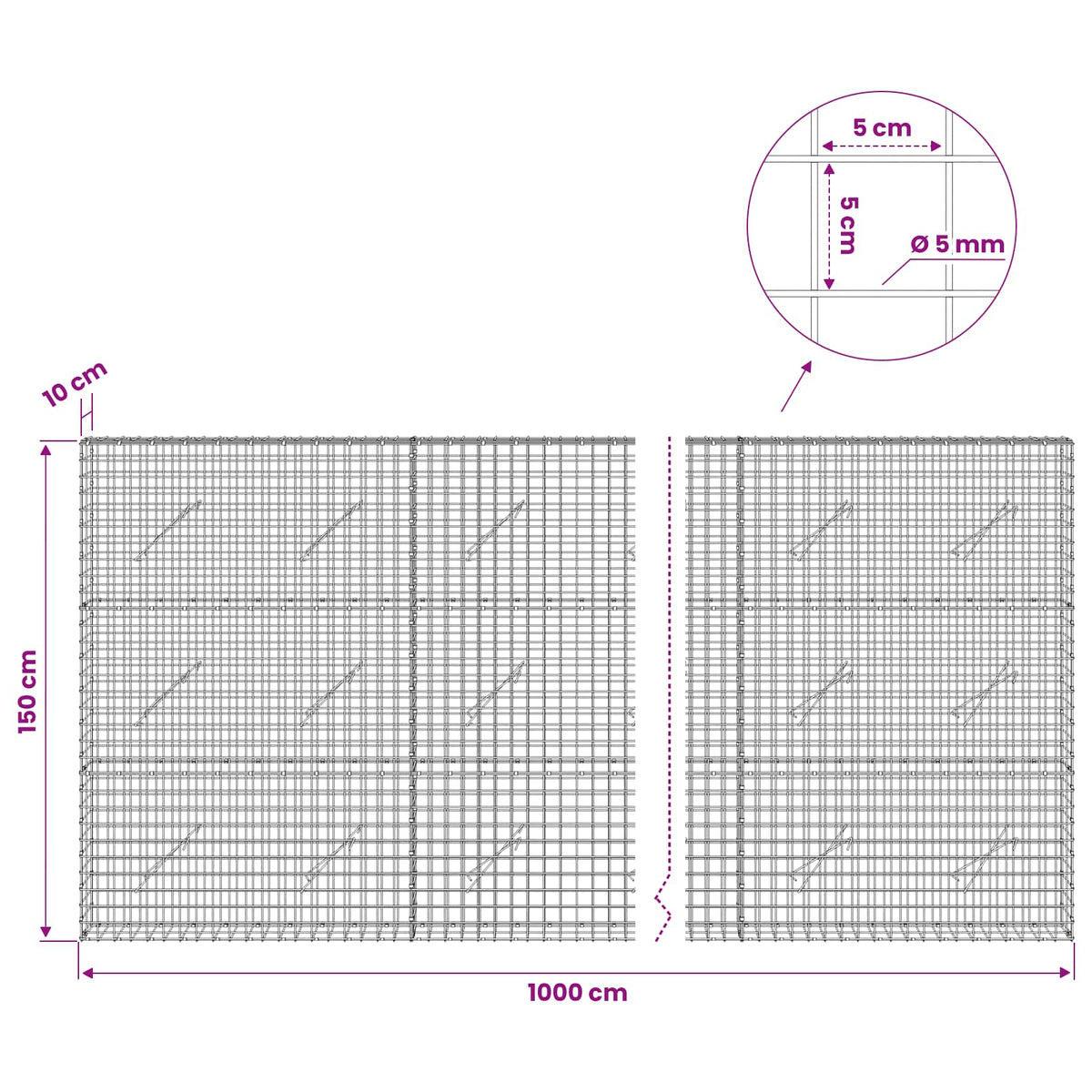 Gabion s 5 mm žicom i mrežom 5x5 cm 1000x10x150 cm