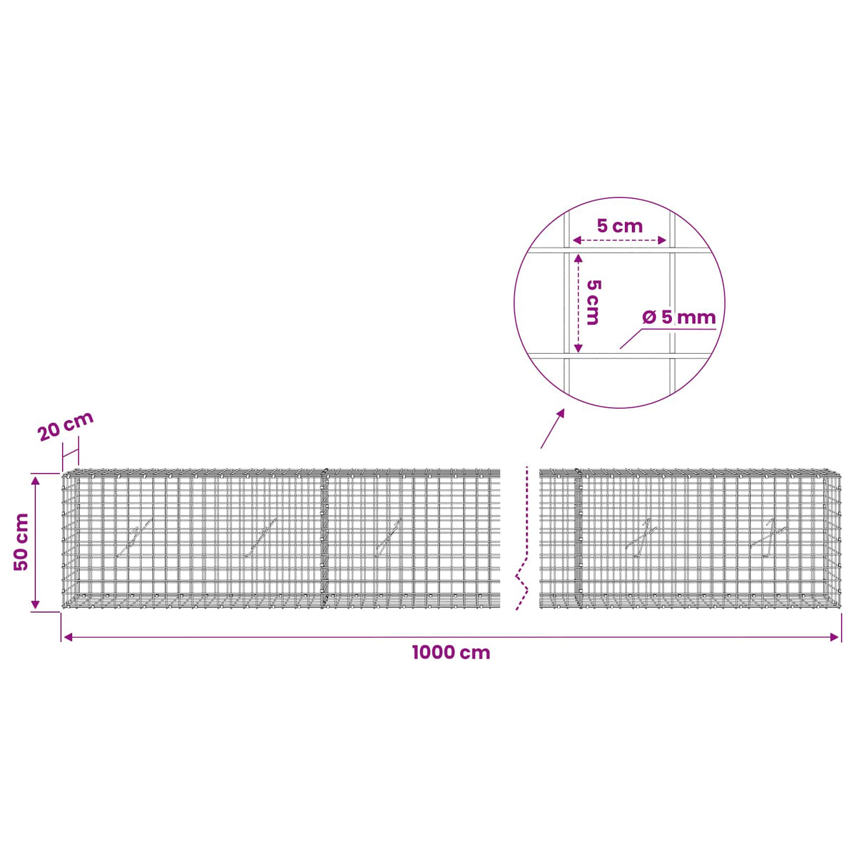 Gabion s 5 mm žicom i mrežom 5x5 cm 1000x20x50 cm