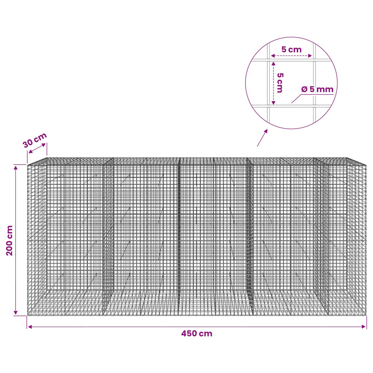 Gabion s 5 mm žicom i mrežom 5x5 cm 450x30x200 cm