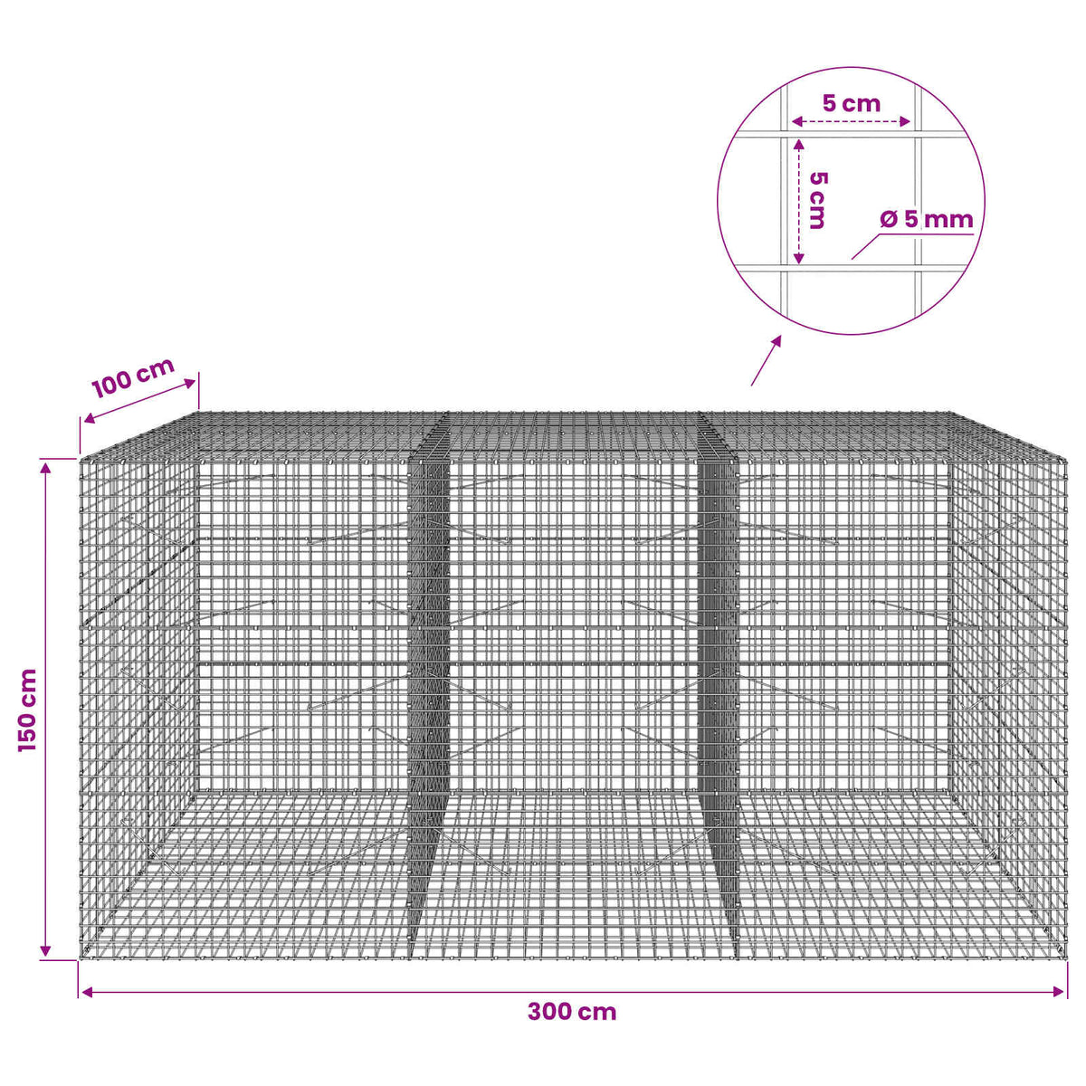 Gabion s 5 mm žicom i mrežom 5x5 cm 300x100x150 cm