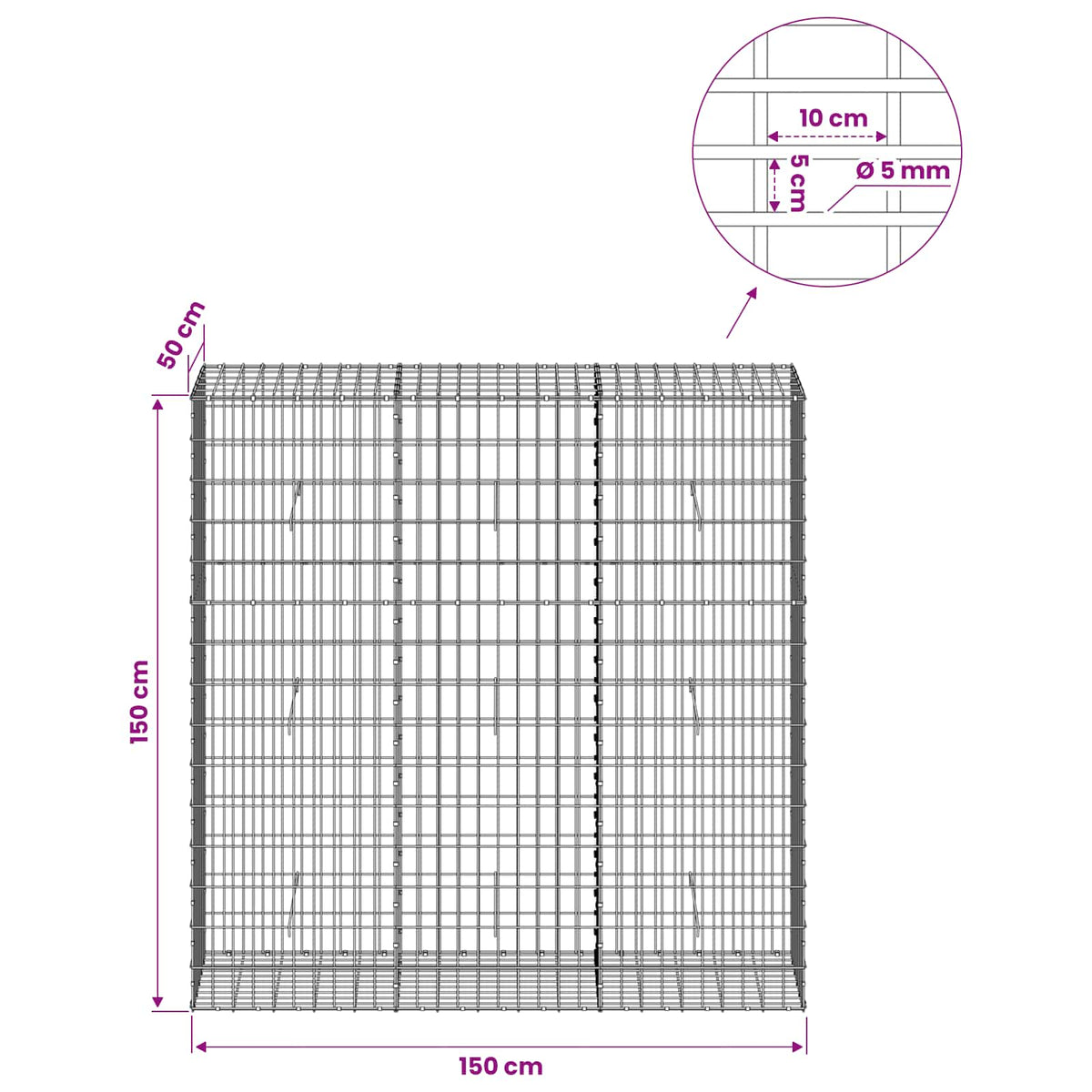 Gabion s žicom debljine 5 mm i mrežom 5x10 cm 150x50x150 cm