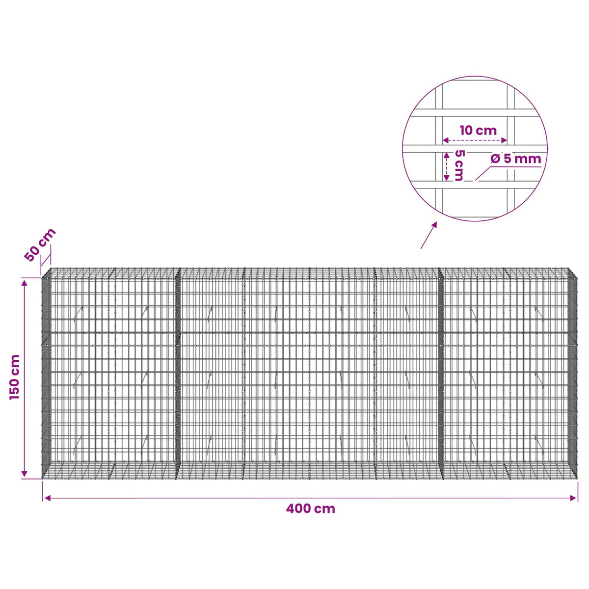 Gabion s žicom debljine 5 mm i mrežom 5x10 cm 400x50x150 cm