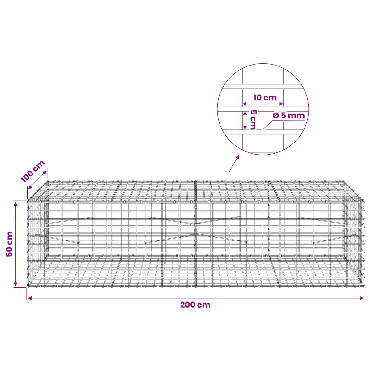 Gabion s žicom debljine 5 mm i mrežom 5x10 cm 200x100x50 cm