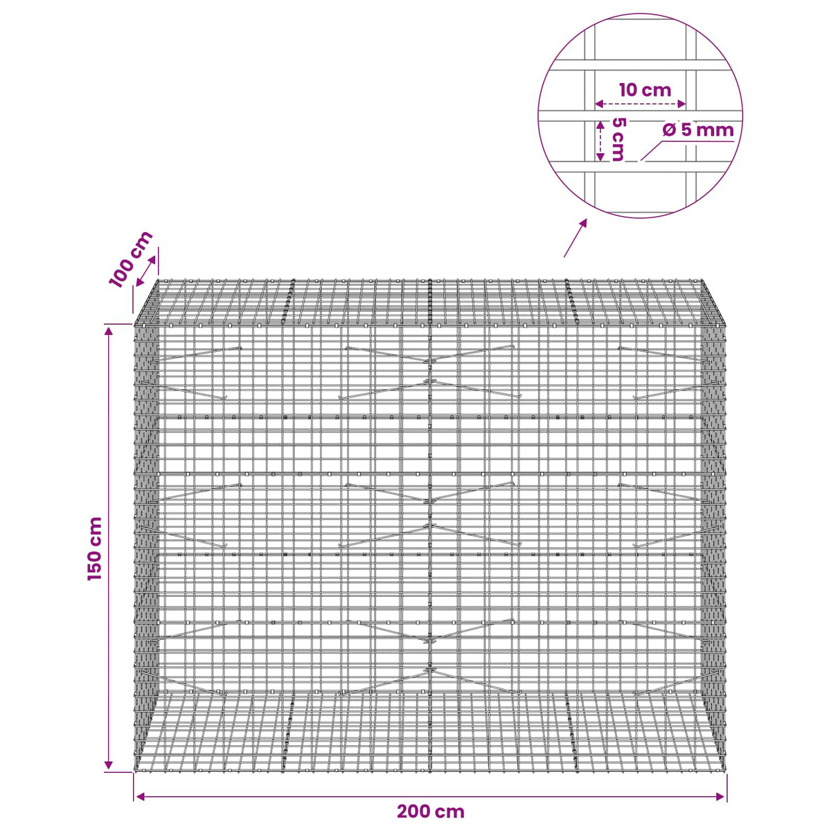 Gabion s žicom debljine 5 mm i mrežom 5x10 cm 200x100x150 cm