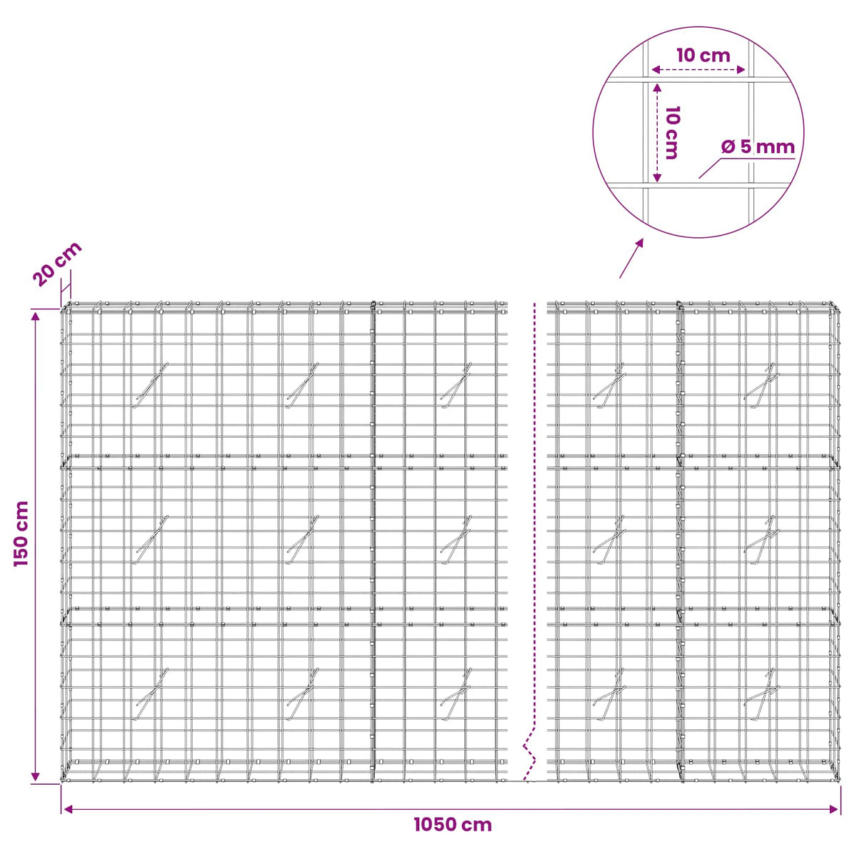 Gabion s žicom debljine 5 mm i mrežom 10x10 cm 1050x20x150 cm